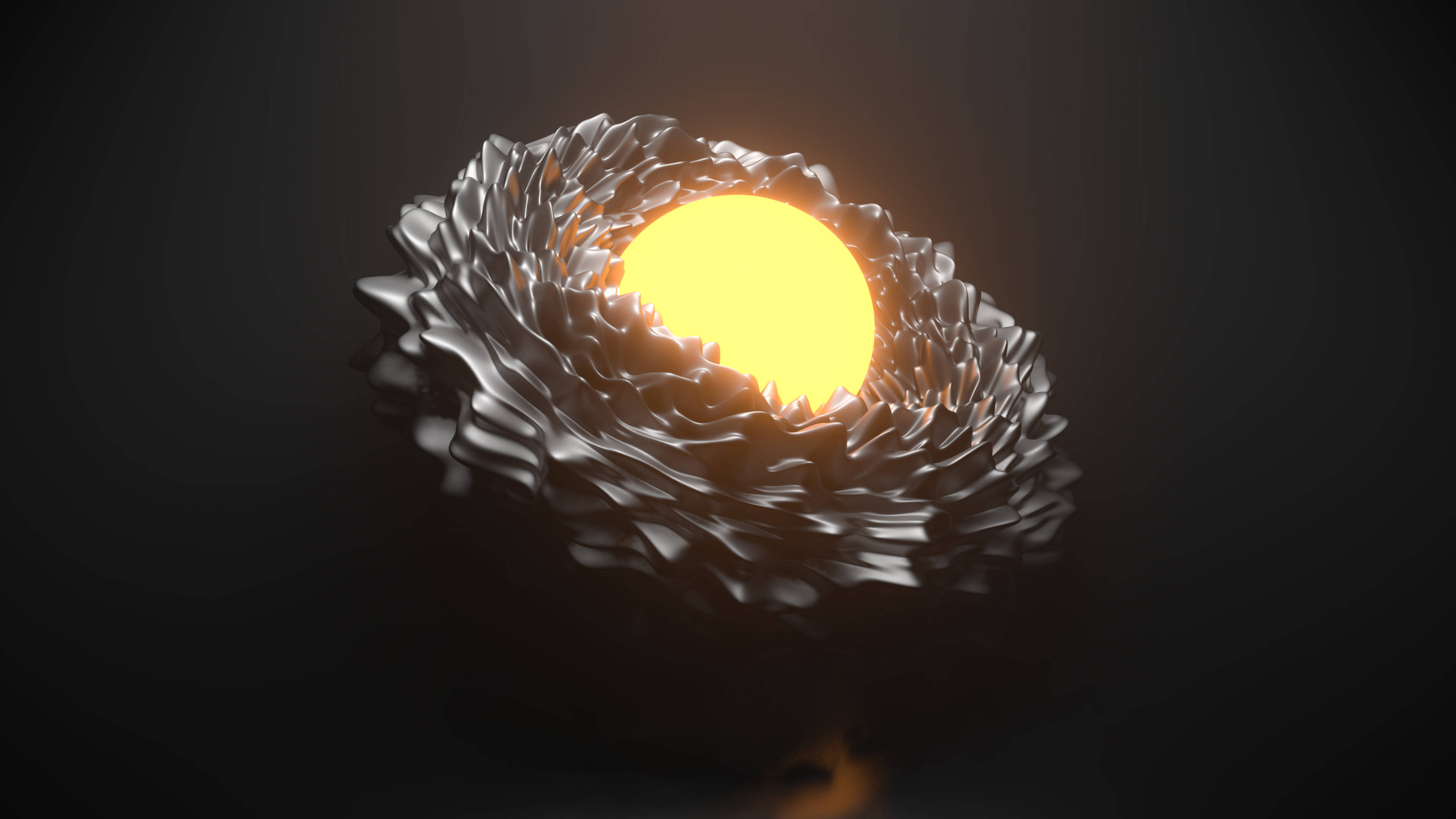 yellow orb, metallic ruffled nest, glowing, 4K Desktop Wallpaper