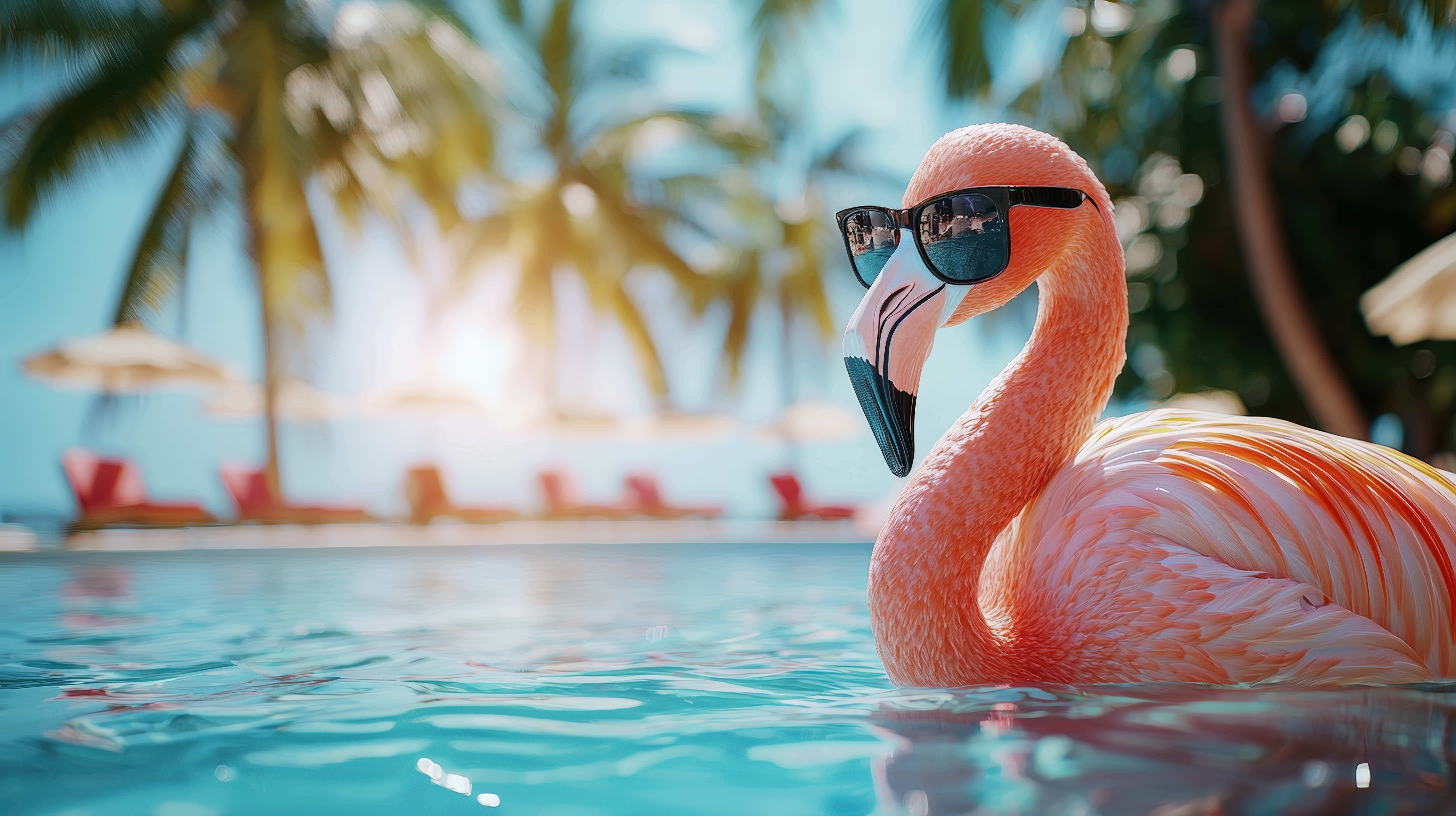 flamingo, sunglasses, tropical resort pool, 8K Desktop Wallpaper