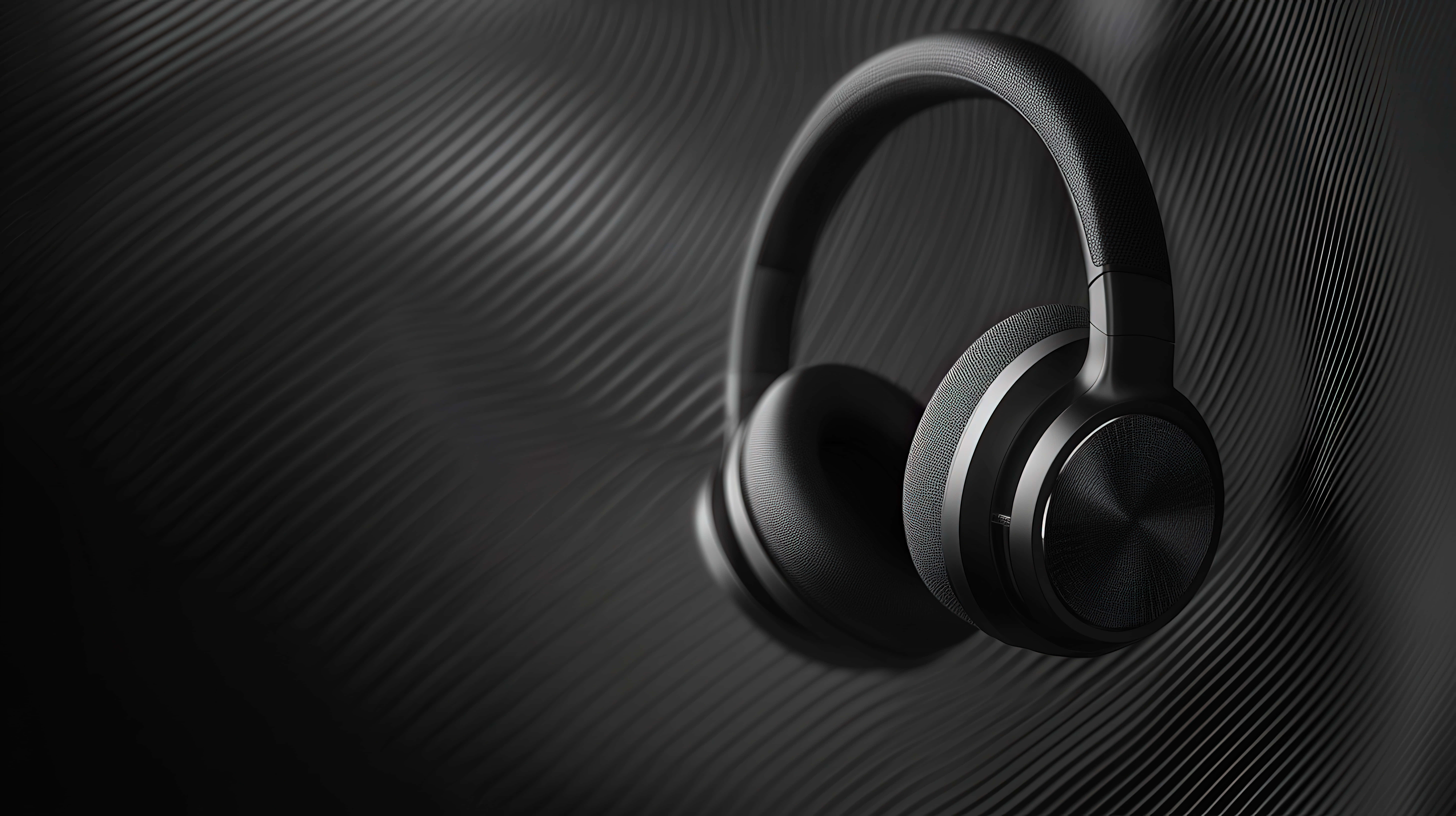 black over-ear headphone, dark textured background, diagonal grooves, 8K Desktop Wallpaper