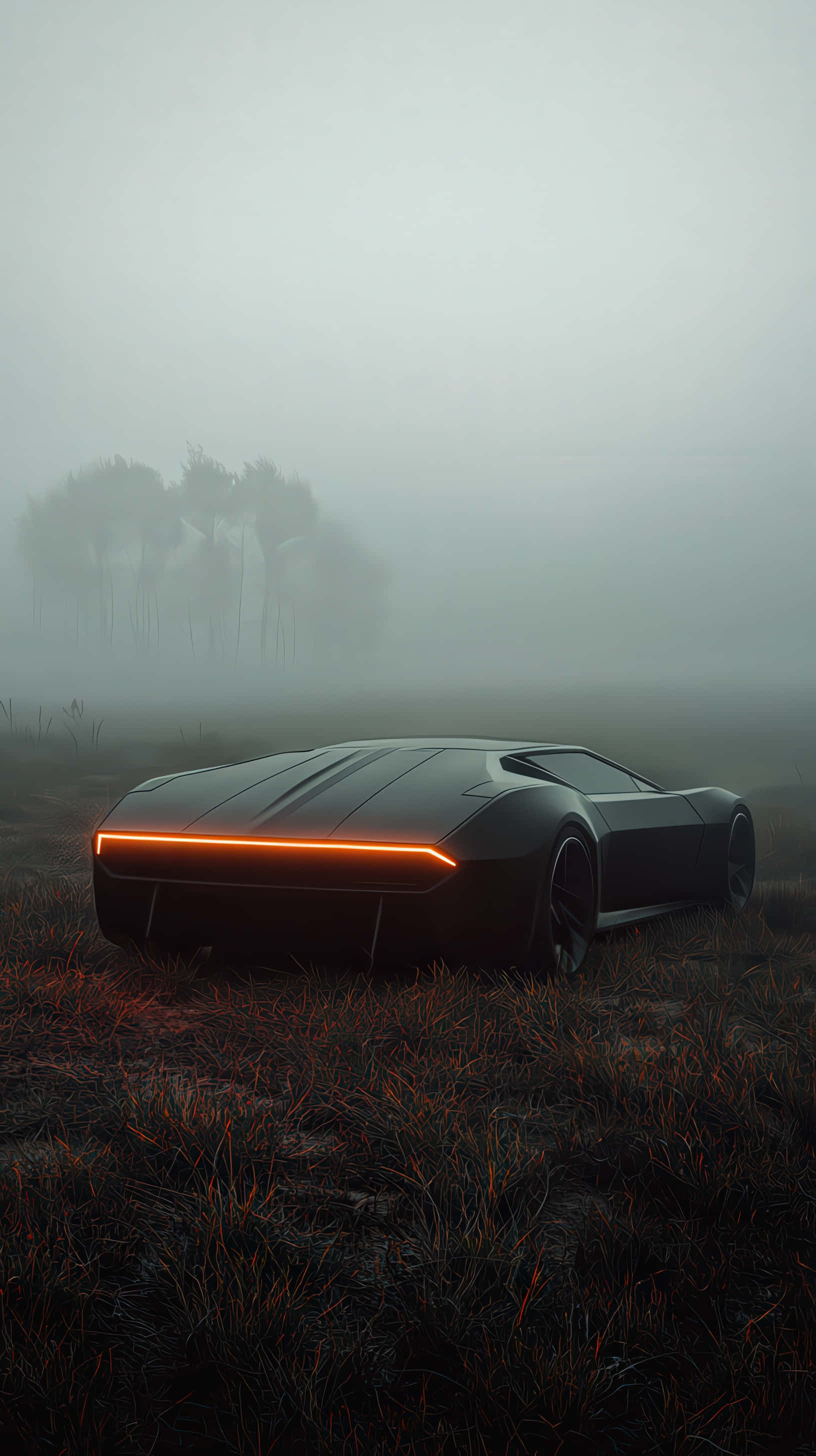 futuristic black sports car, glowing orange taillights, misty foggy landscape, 2K Phone Wallpaper