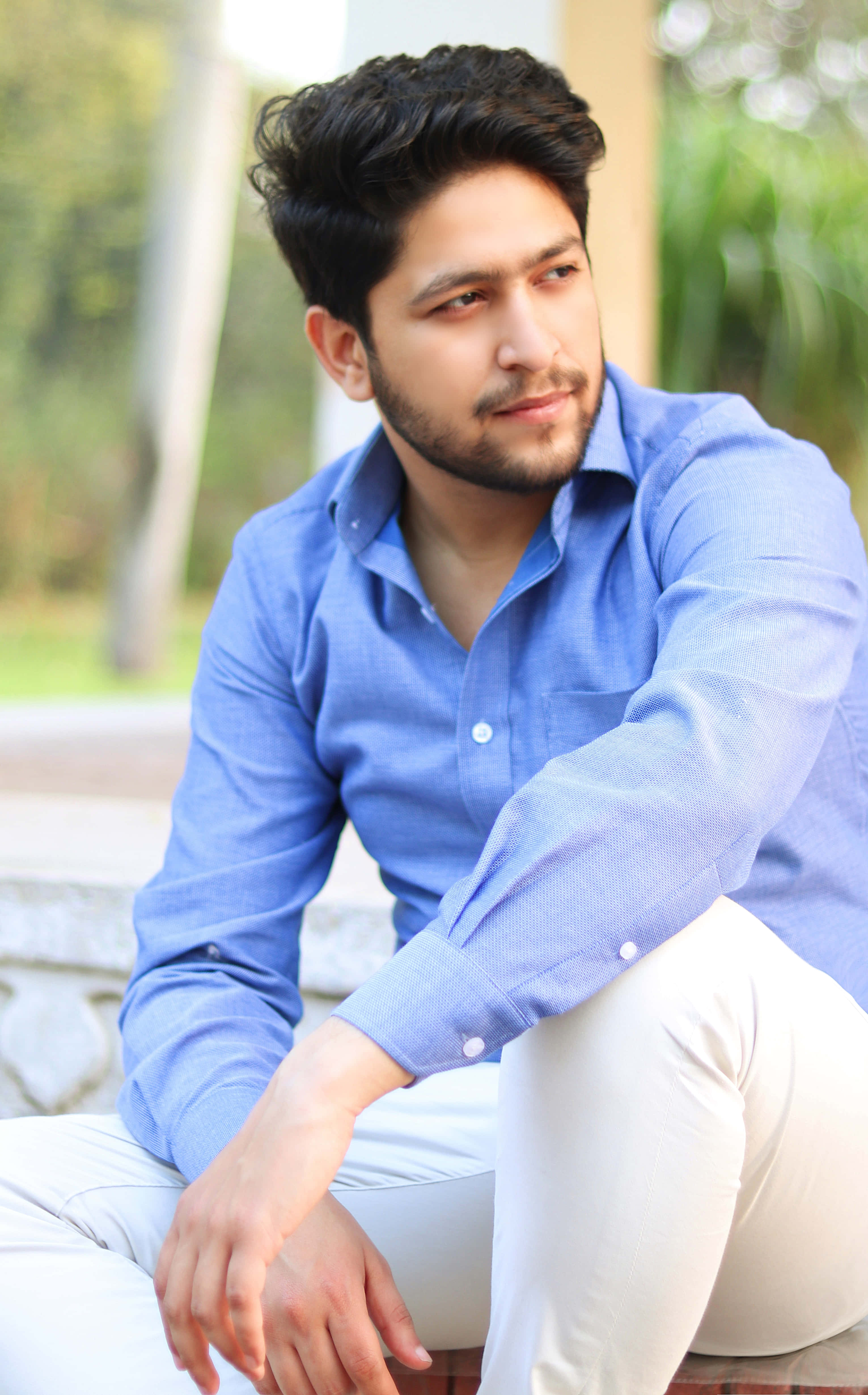 Suave Man With Beard, blue shirt, white pants, 4K Phone Wallpaper