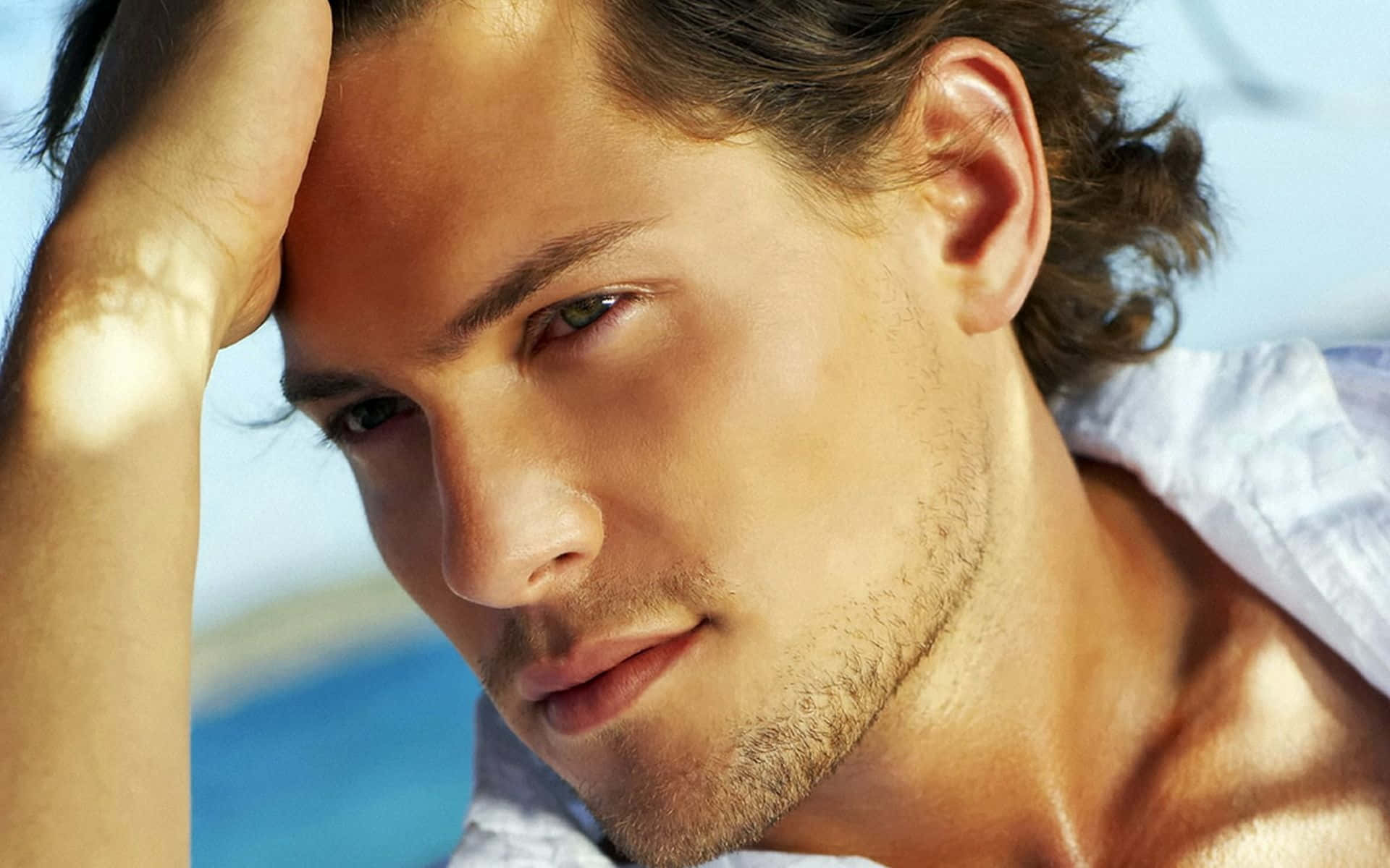 Suave, handsome model, bright blue sky, Full HD Desktop Wallpaper