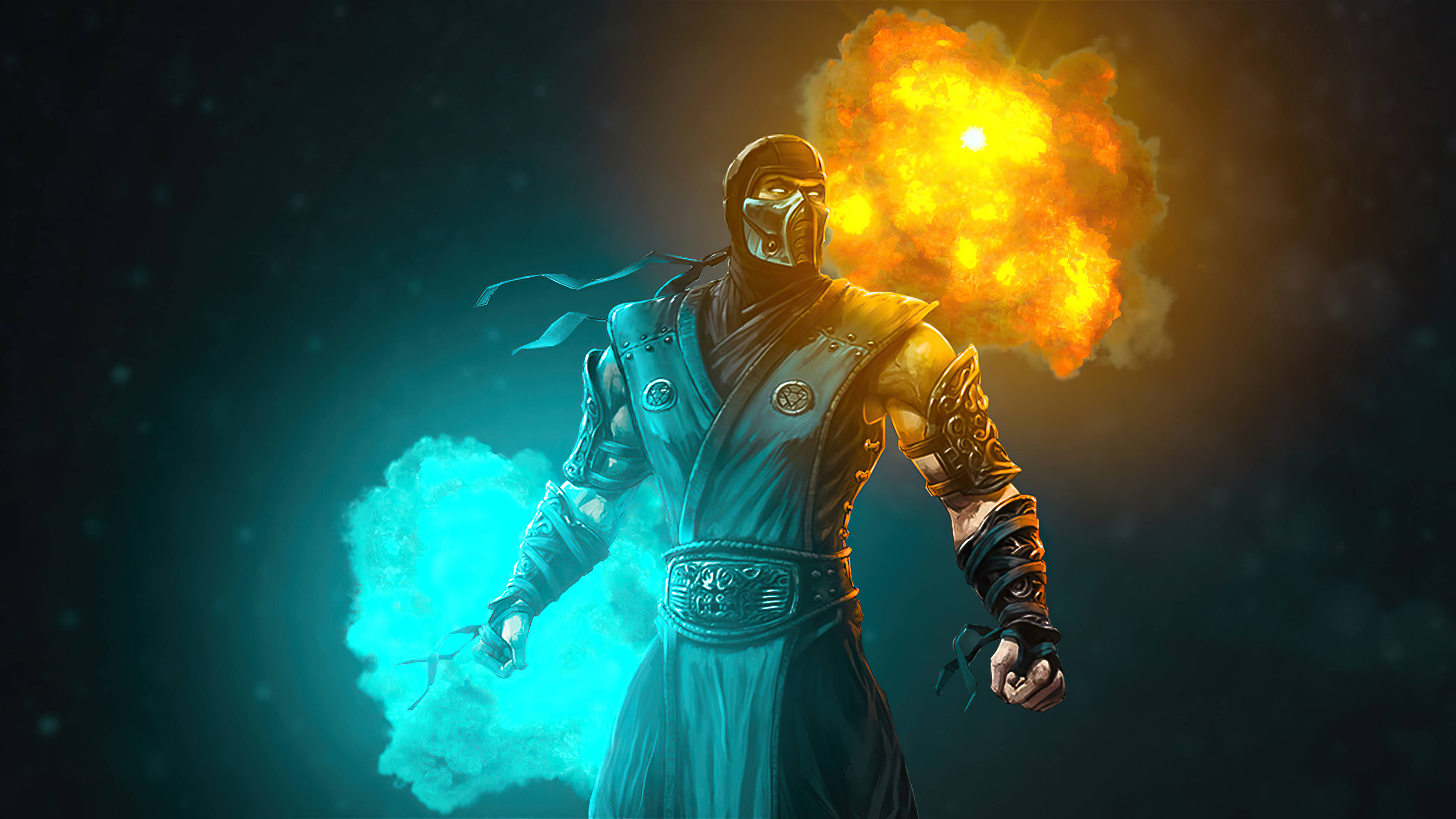 Sub-Zero, teal armor, fiery explosion, 4K Desktop Wallpaper