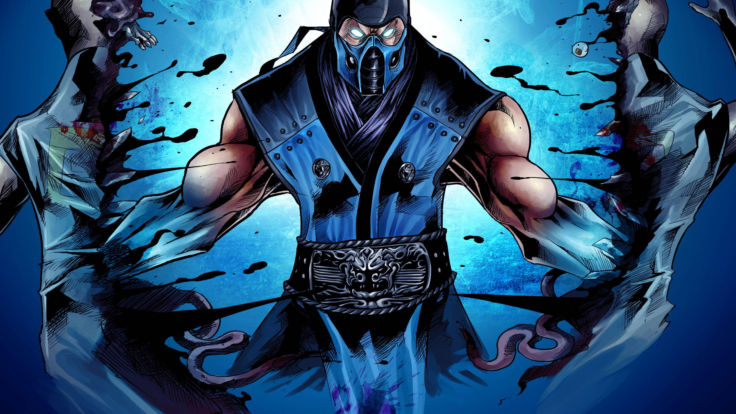 Sub-Zero, blue armor, blue background, 2K Desktop Wallpaper