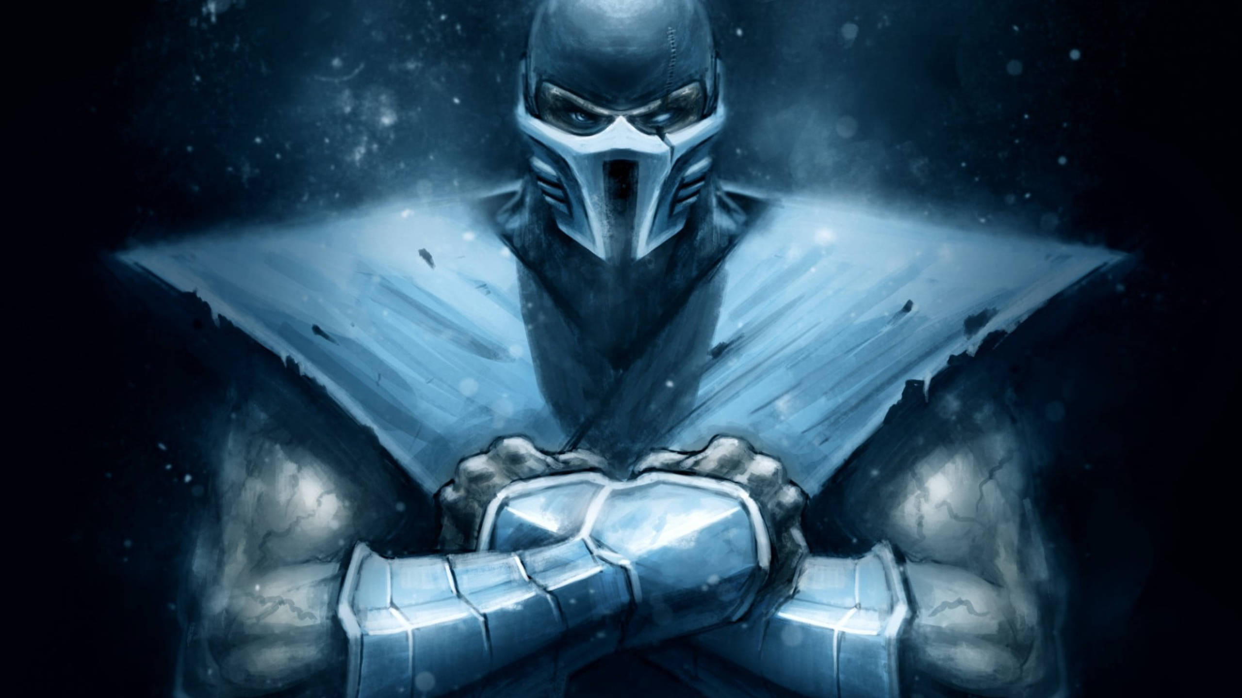 Sub-Zero, icy blue armor, snowy dark background, 2K Desktop Wallpaper