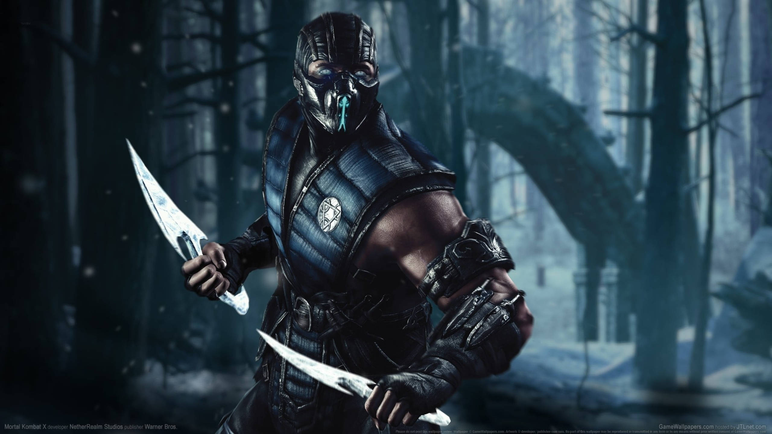Sub-Zero, dark forest, snowy forest, 2K Desktop Wallpaper
