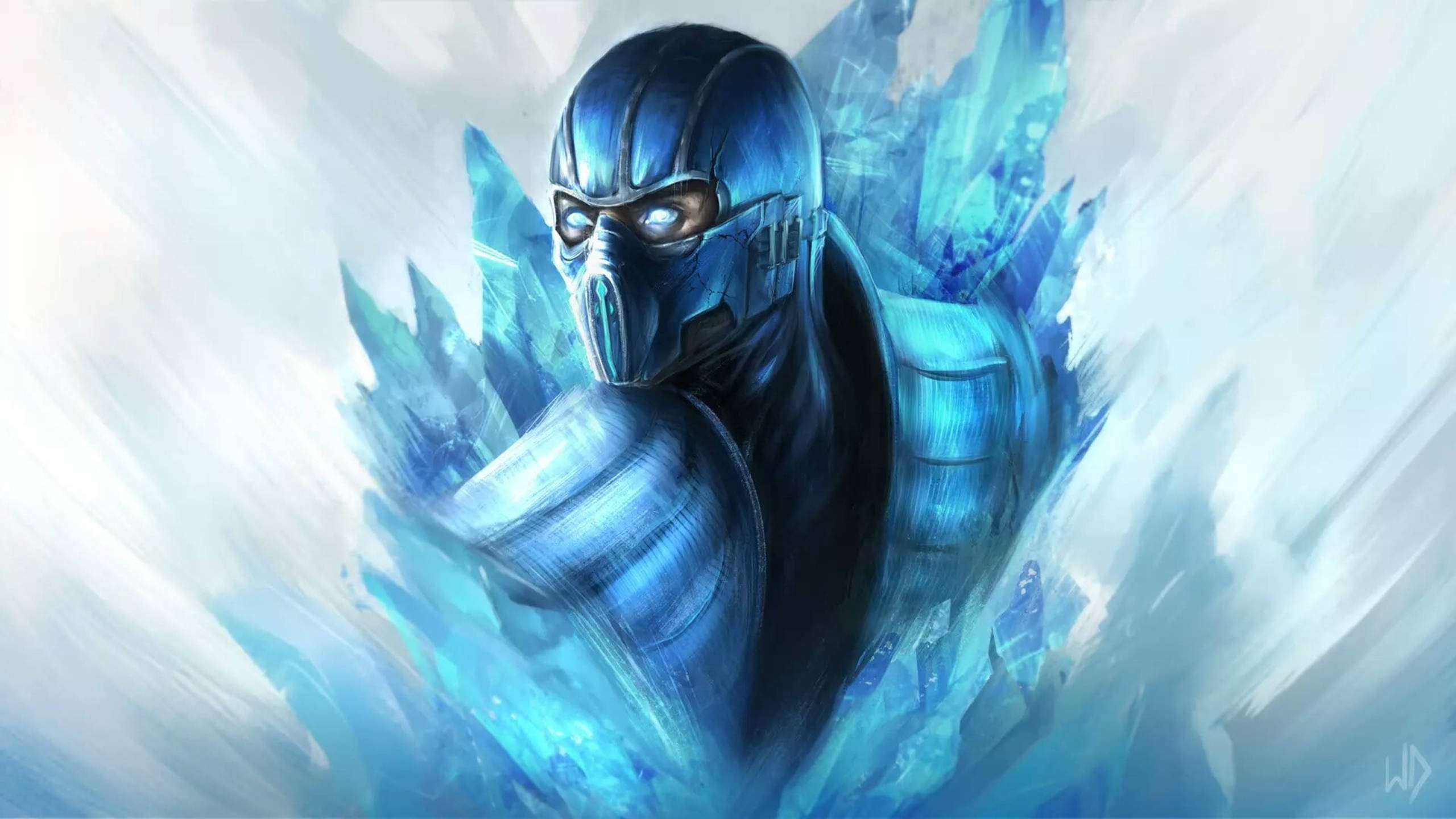 Sub-Zero, ice crystals, blue armor, 2K Desktop Wallpaper