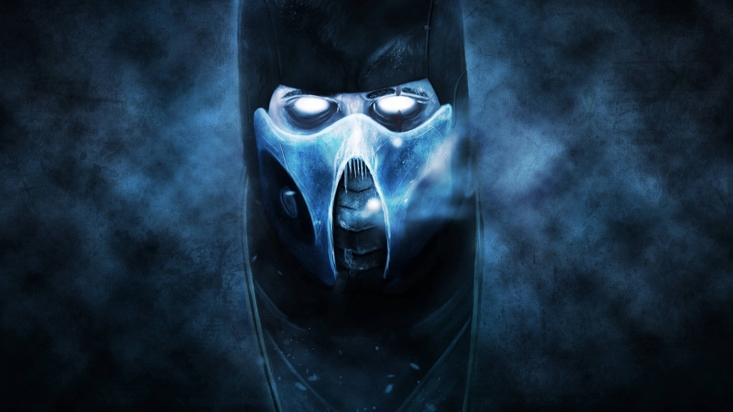 Sub-Zero, glowing white eyes, blue metallic mask, 2K Desktop Wallpaper