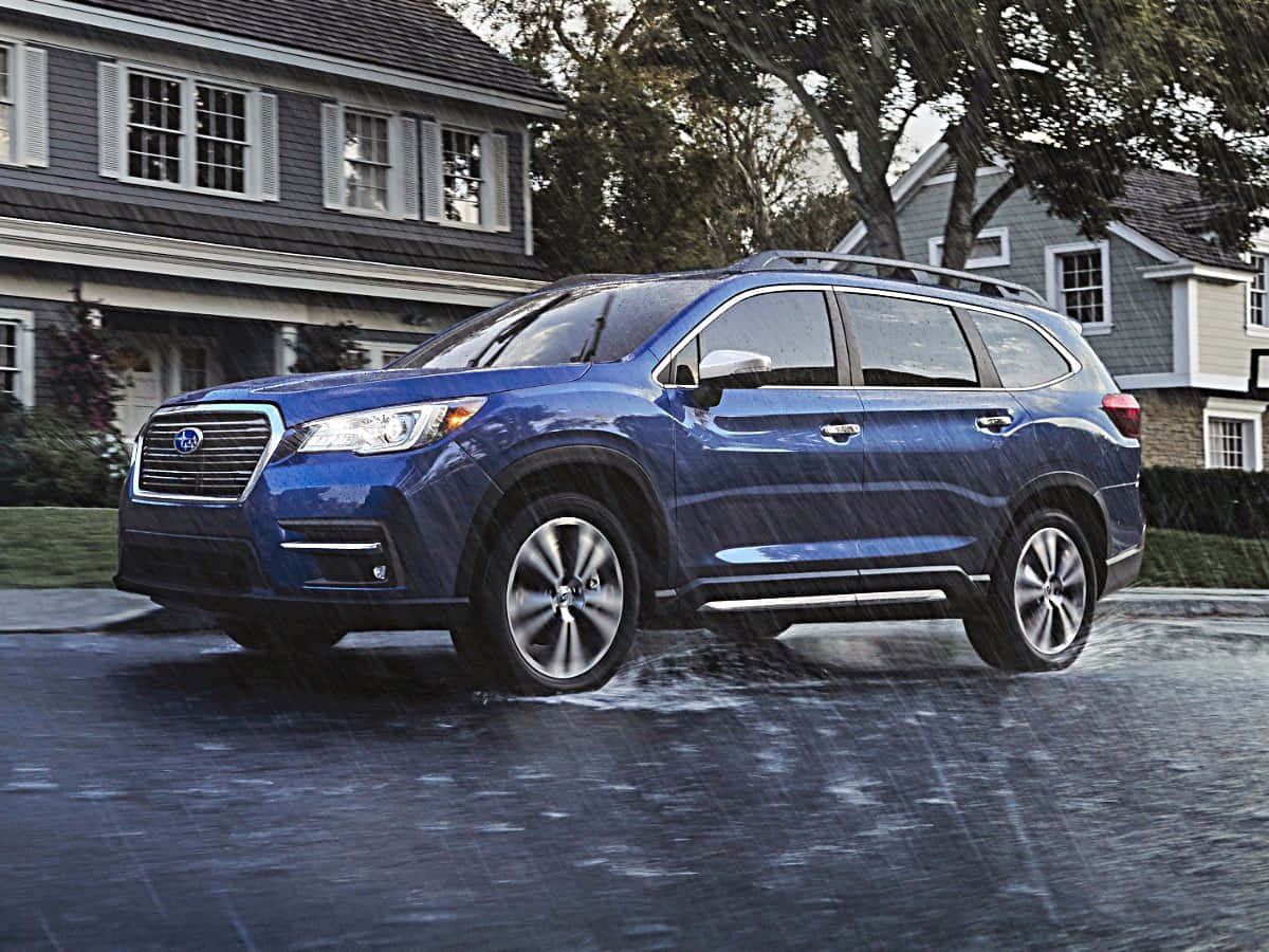 Subaru Ascent, blue, rain-slicked pavement, SD Desktop Wallpaper