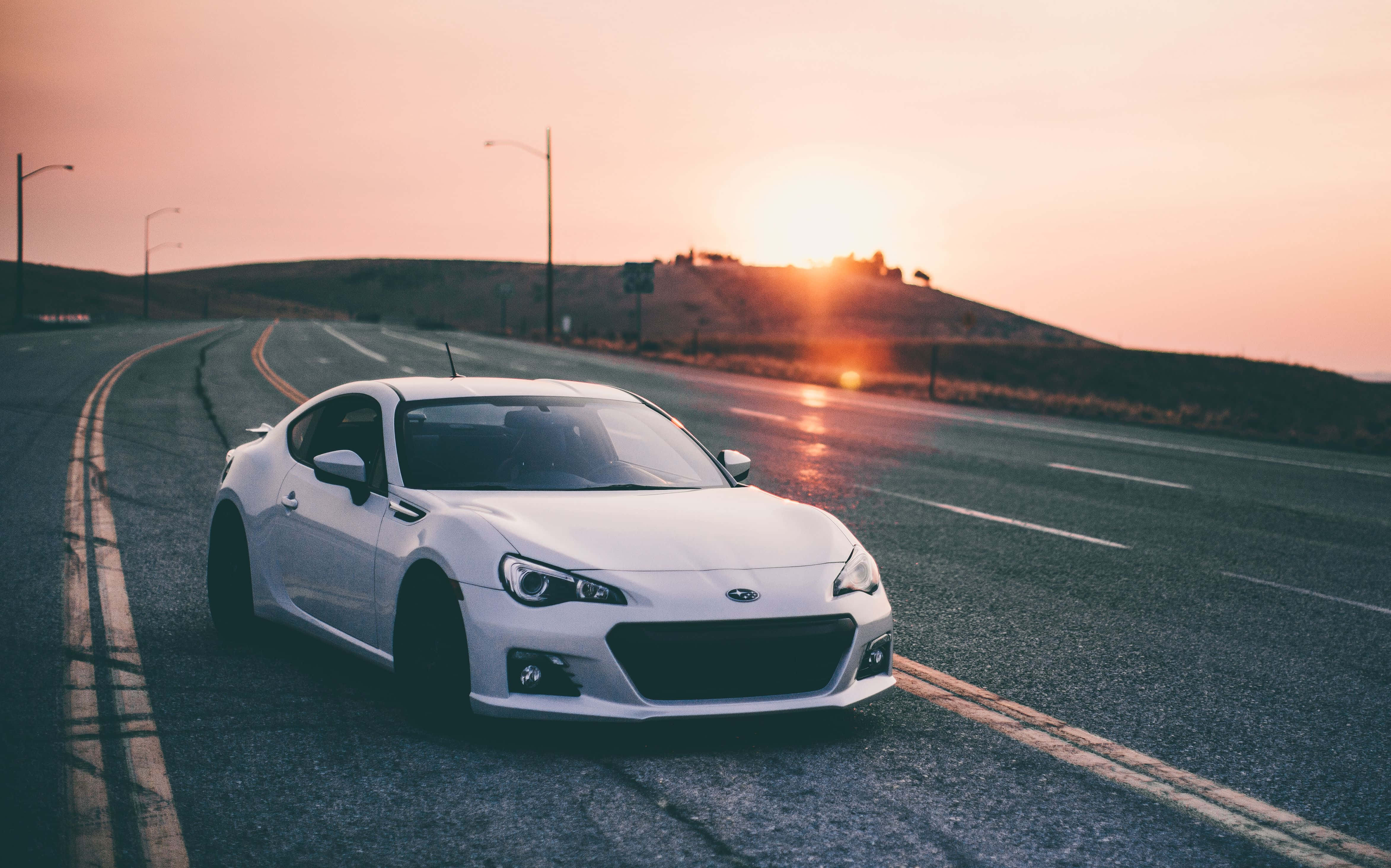 Subaru BRZ, white sports car, winding road, 4K Desktop Wallpaper