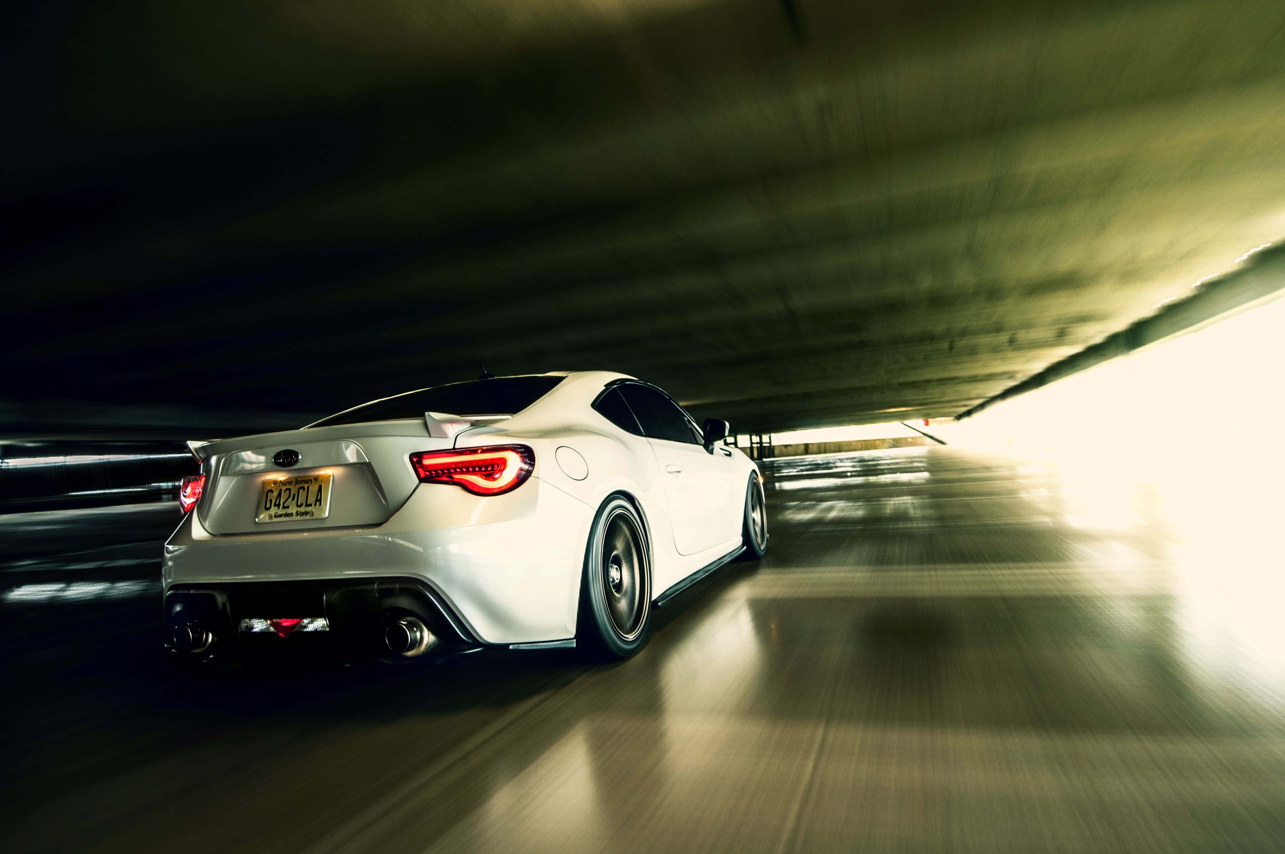 Subaru BRZ, white sports car, tunnel, 4K Desktop Wallpaper