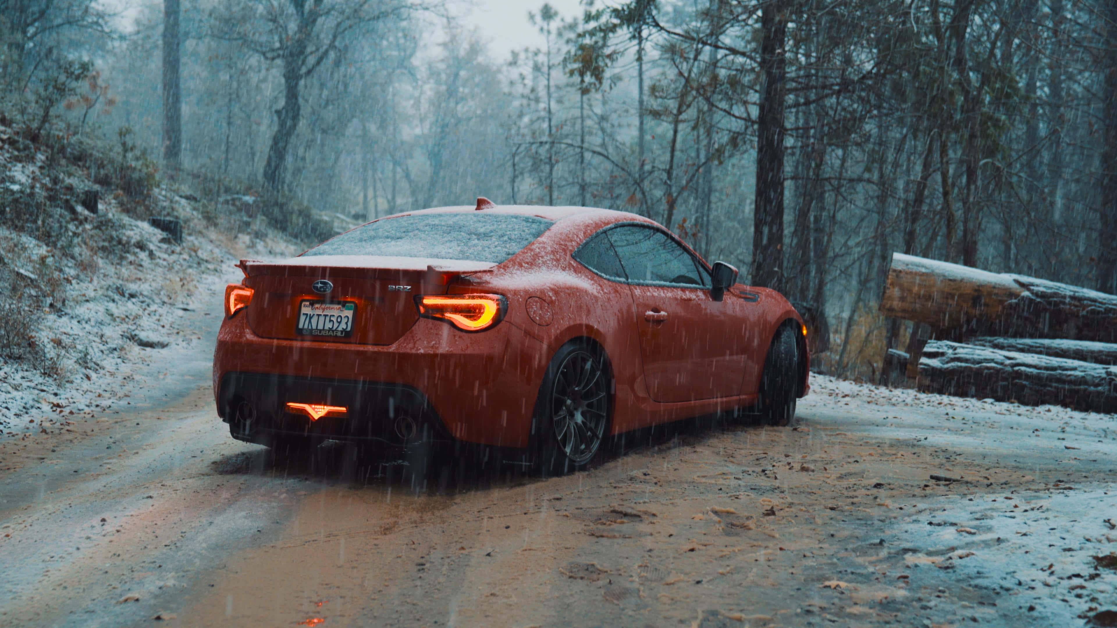 Subaru BRZ, vibrant red, snowy forest road, 4K Desktop Wallpaper