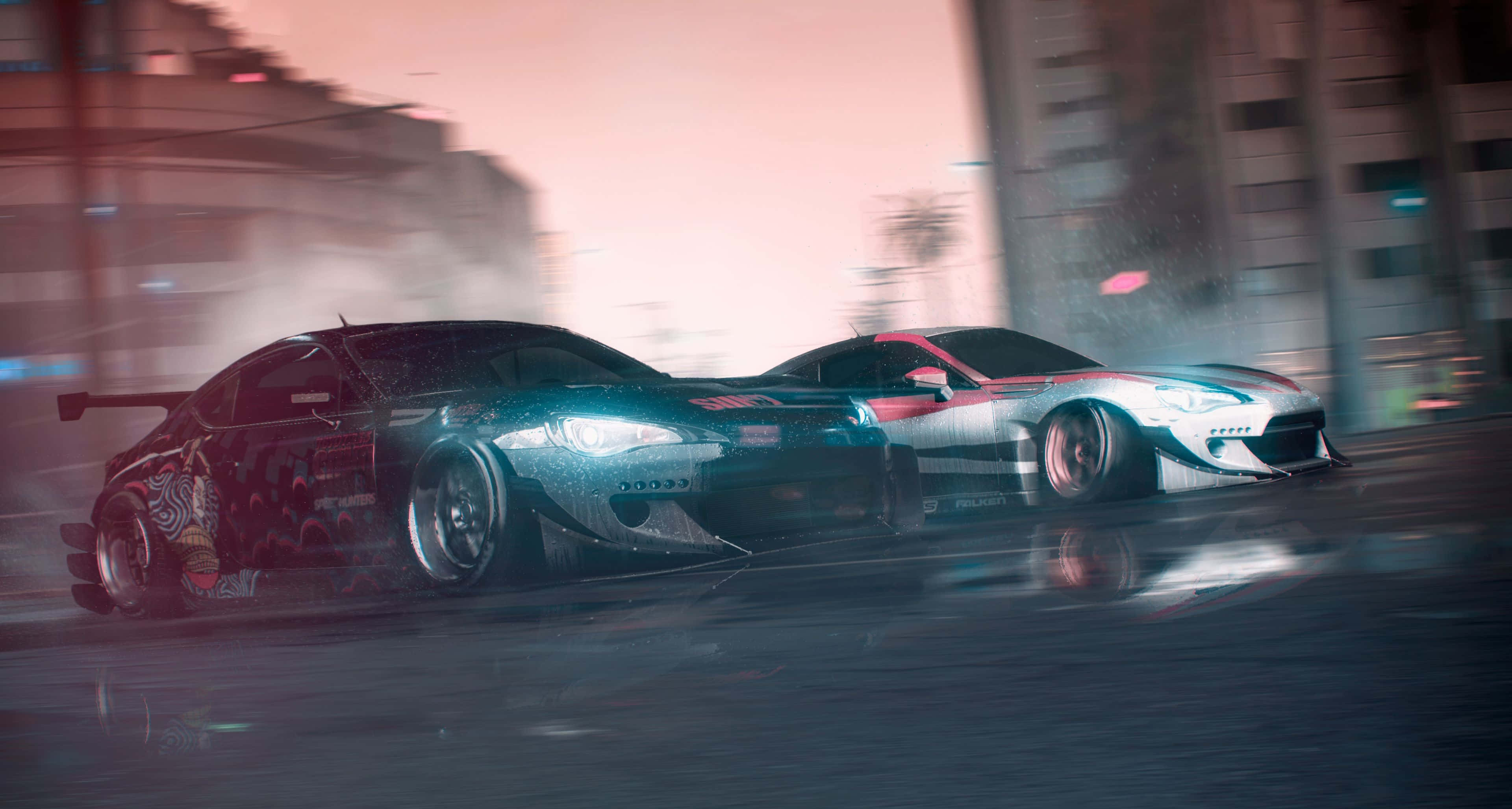 Subaru BRZ, drift cars, wet city street, 4K Desktop Wallpaper
