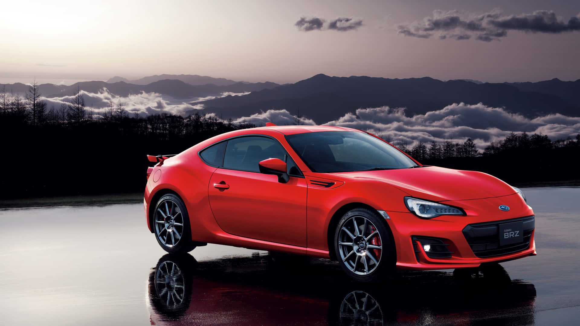 Subaru BRZ, sunset glow, wet road, Full HD Desktop Wallpaper