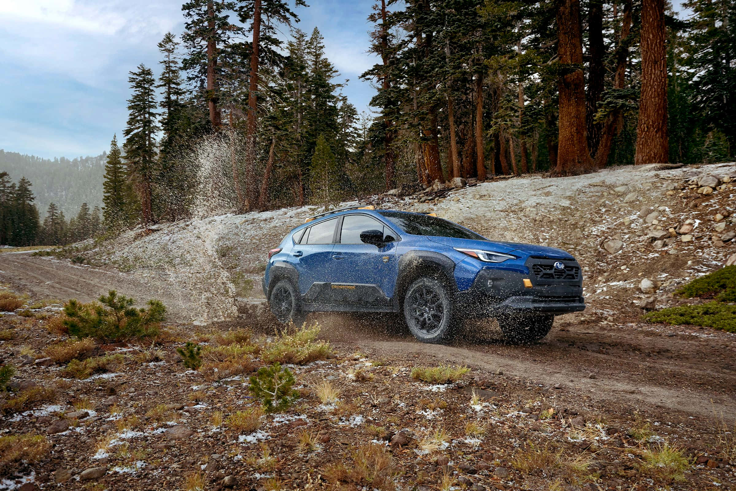 Subaru Crosstrek, blue, muddy forest trail, Full HD Desktop Wallpaper