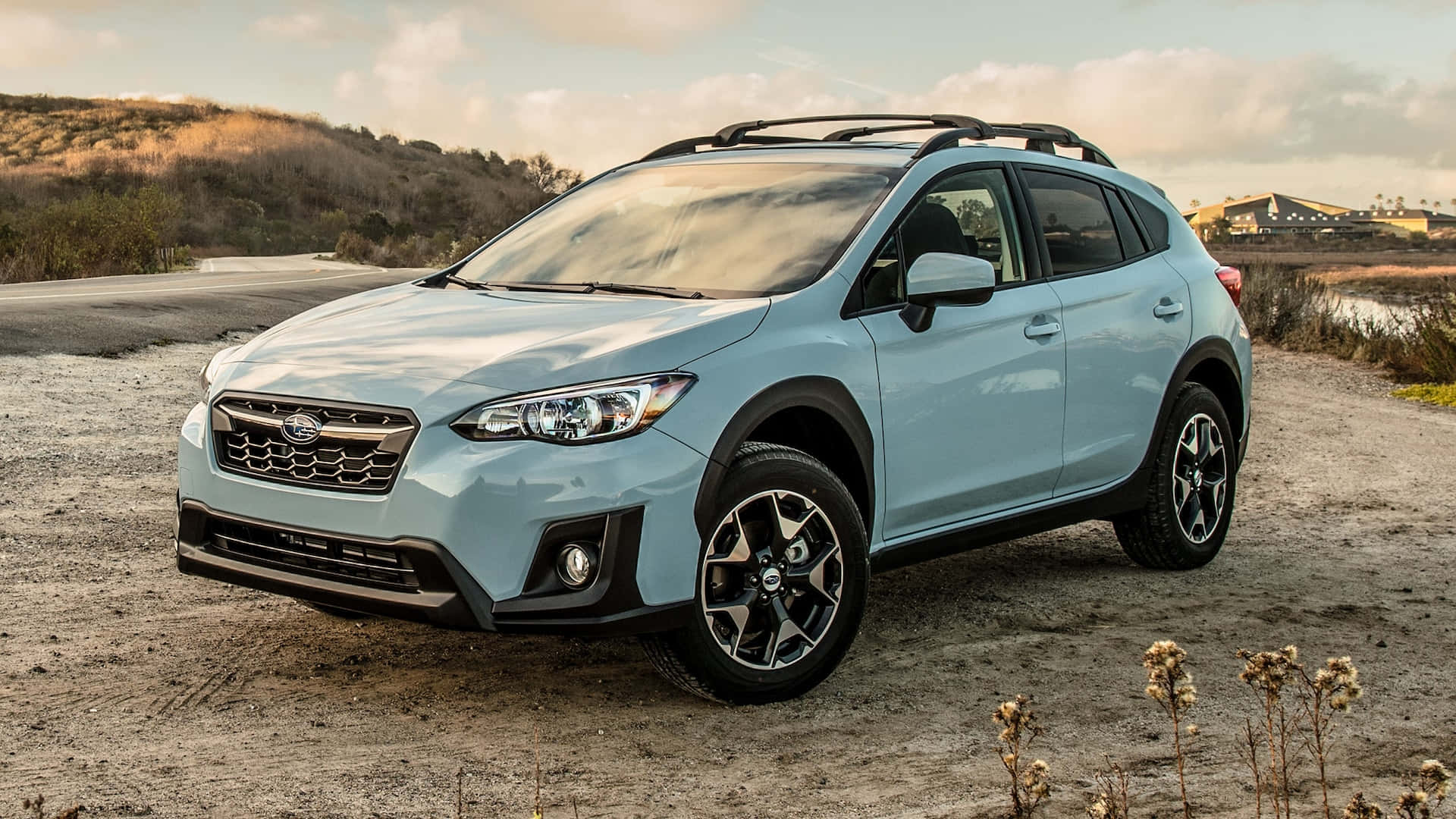 Subaru Crosstrek, light blue, dusty roadside, Full HD Desktop Wallpaper