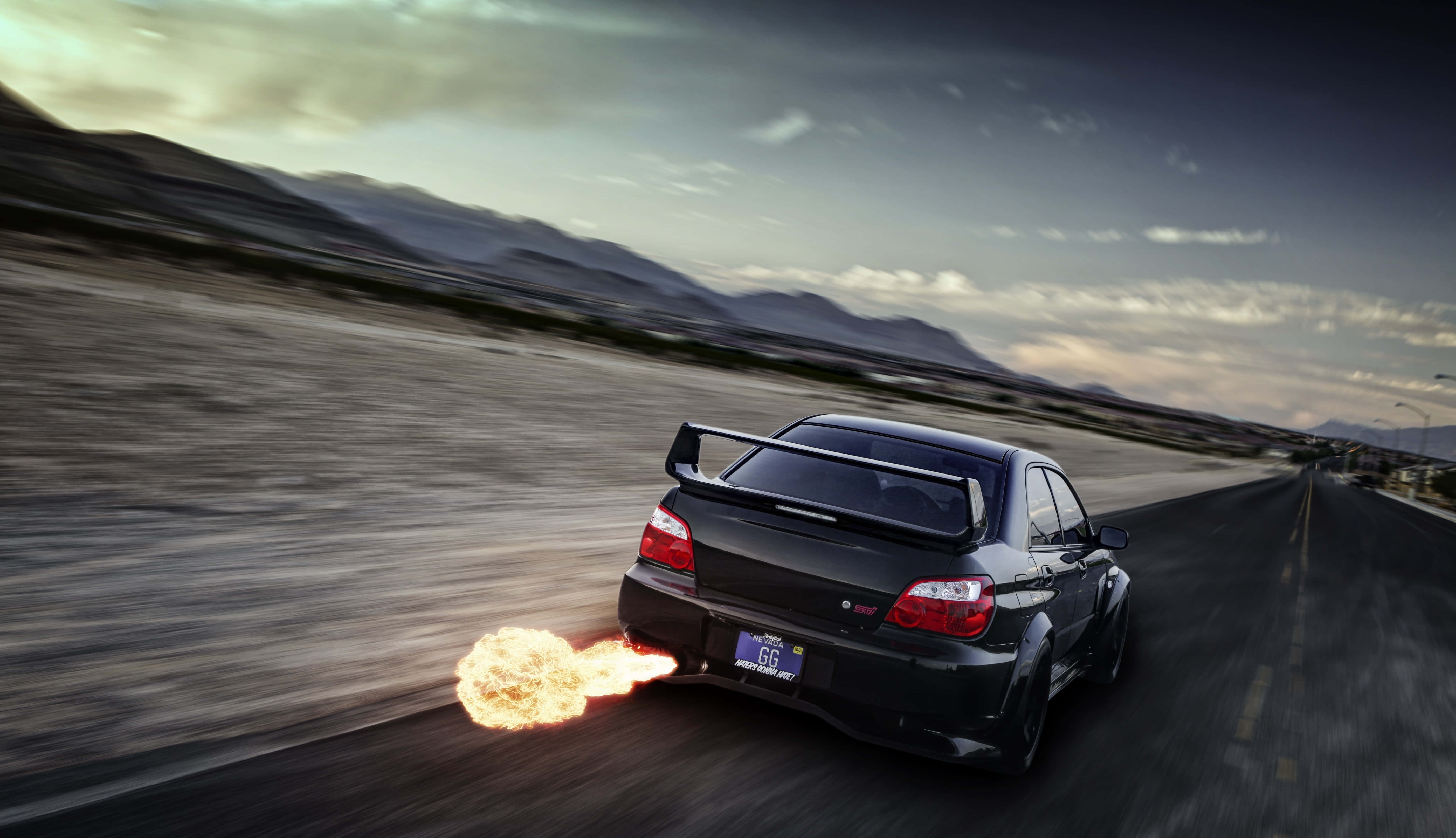 Subaru Impreza, black sports car, large rear wing, 5K Desktop Wallpaper