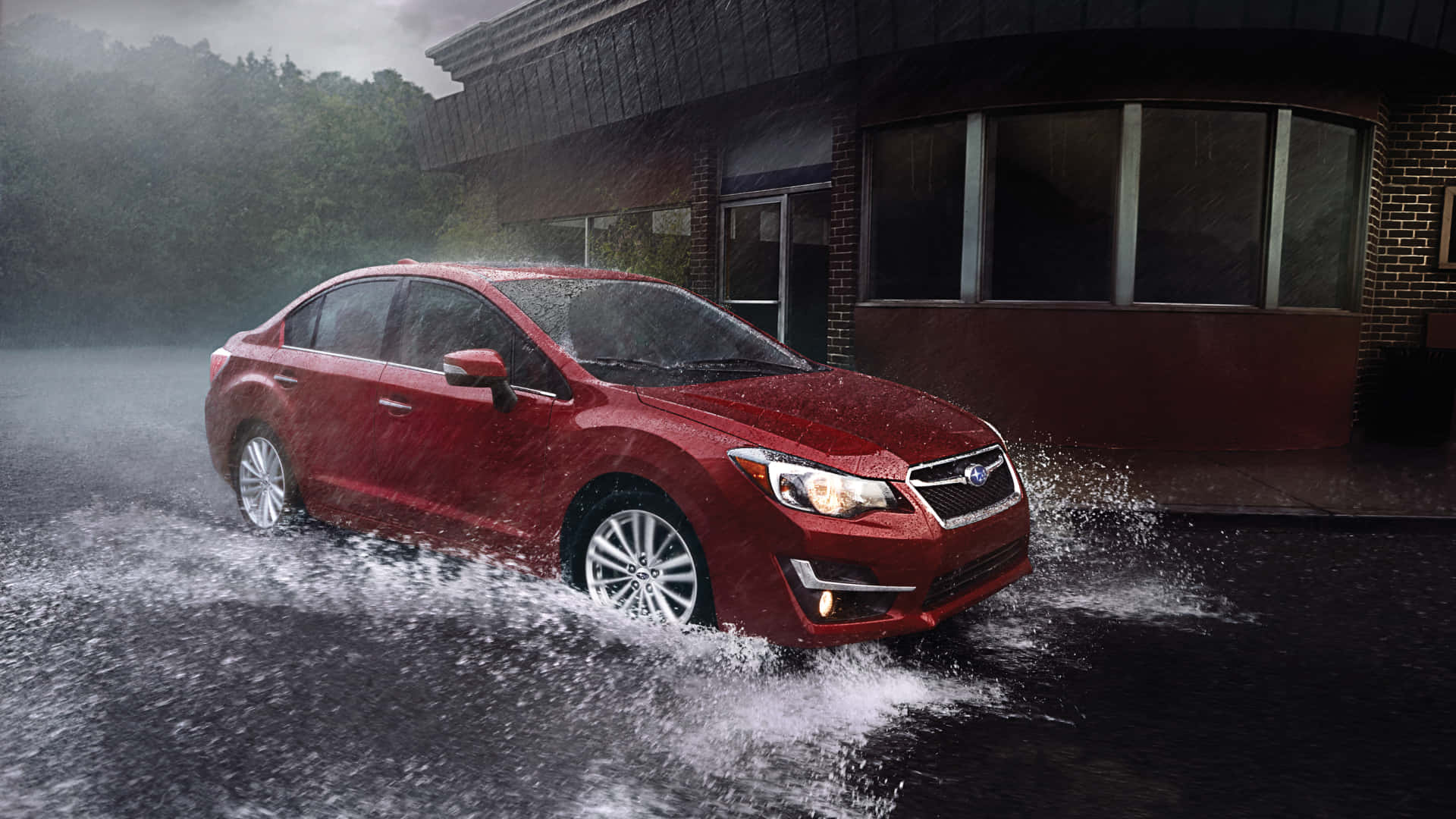 Subaru Impreza, red sedan, floodwaters, Full HD Desktop Wallpaper