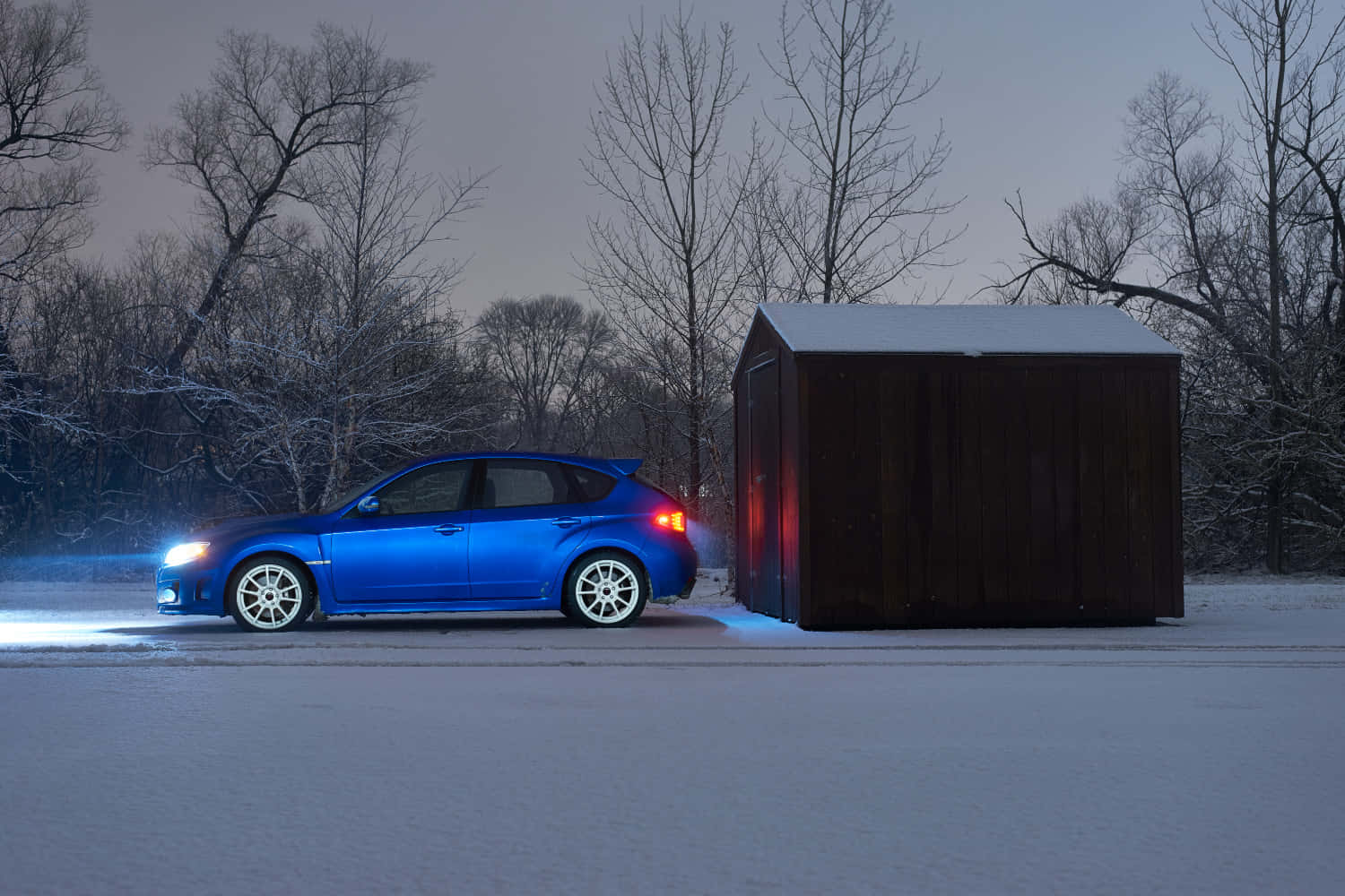 Subaru Impreza, vibrant blue, snowy twilight, HD Desktop Wallpaper