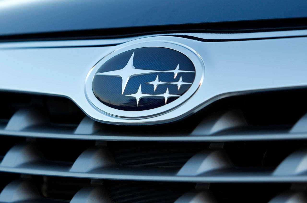 Subaru logo, five stars, blue textured background, HD Desktop Wallpaper