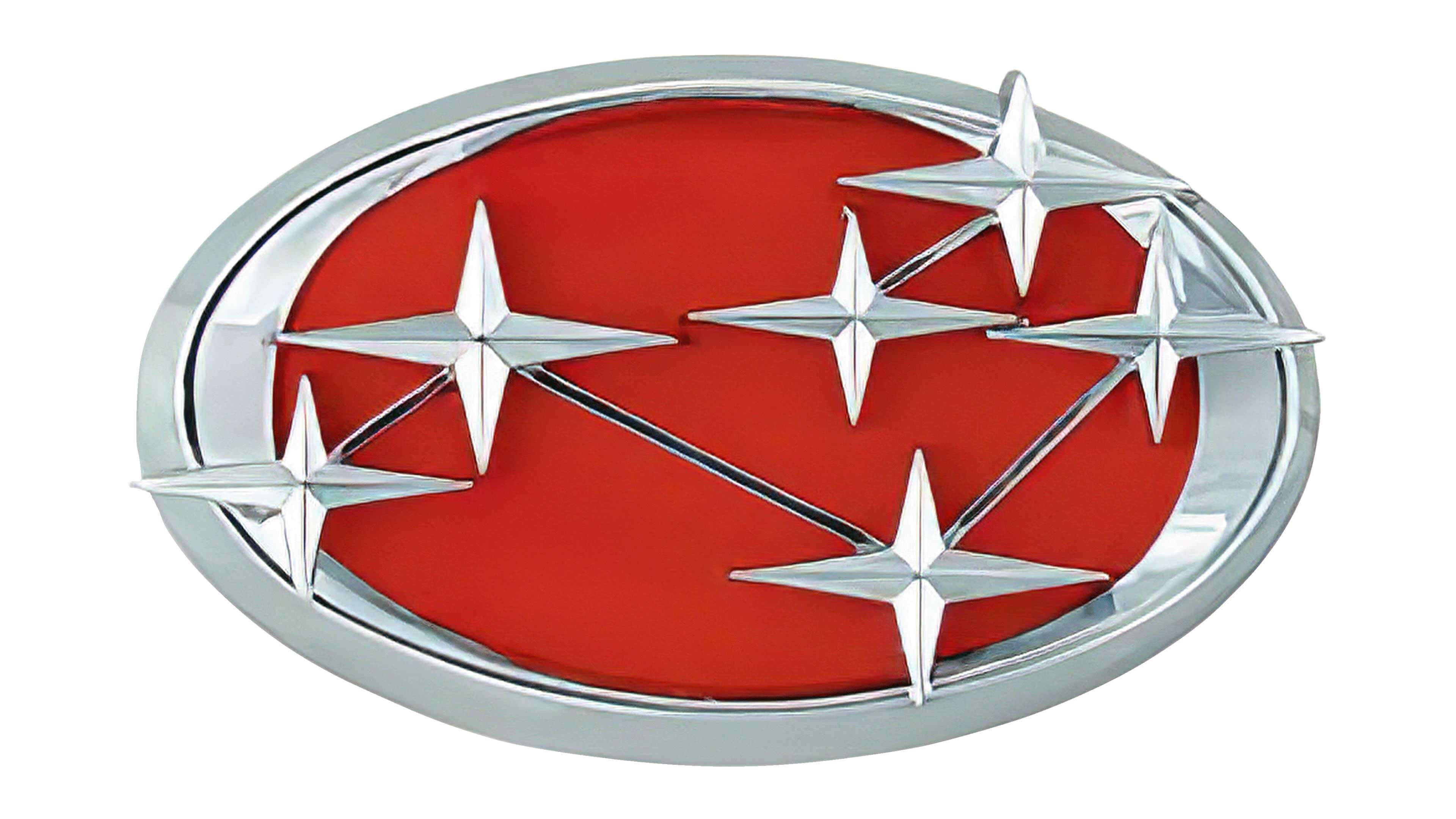 old Subaru logo, red background, chrome oval emblem, 4K Desktop Wallpaper