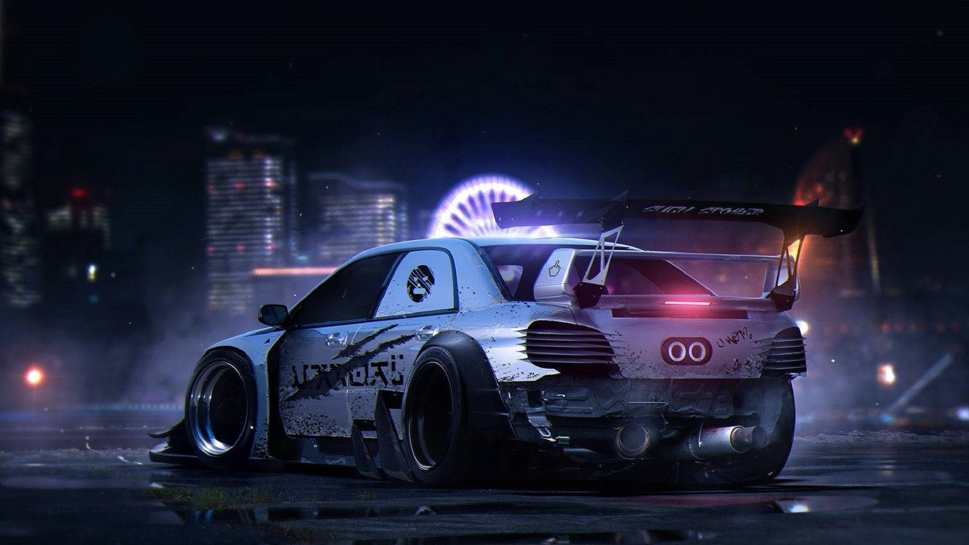 Subaru, drift car, glowing lights, Full HD Desktop Wallpaper