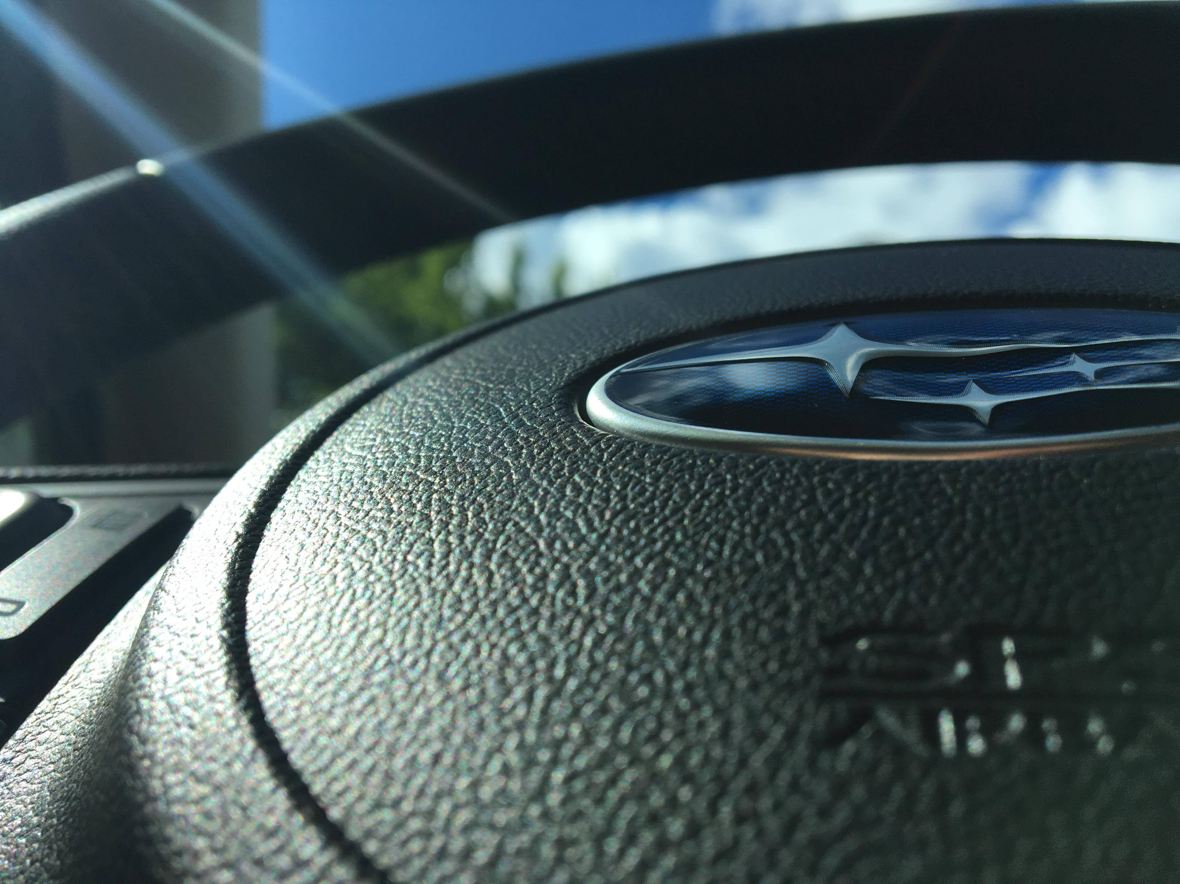 Subaru Logo, black leather, steering wheel, 4K Desktop Wallpaper