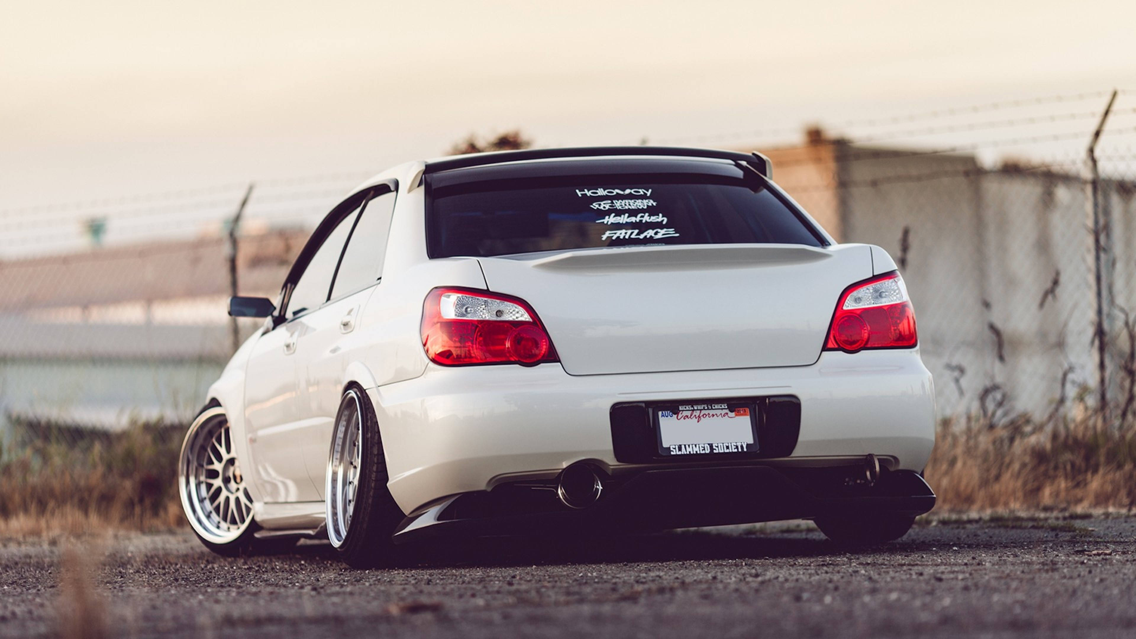 White Subaru WRX STI, custom wheels, dual exhaust, 4K Desktop Wallpaper