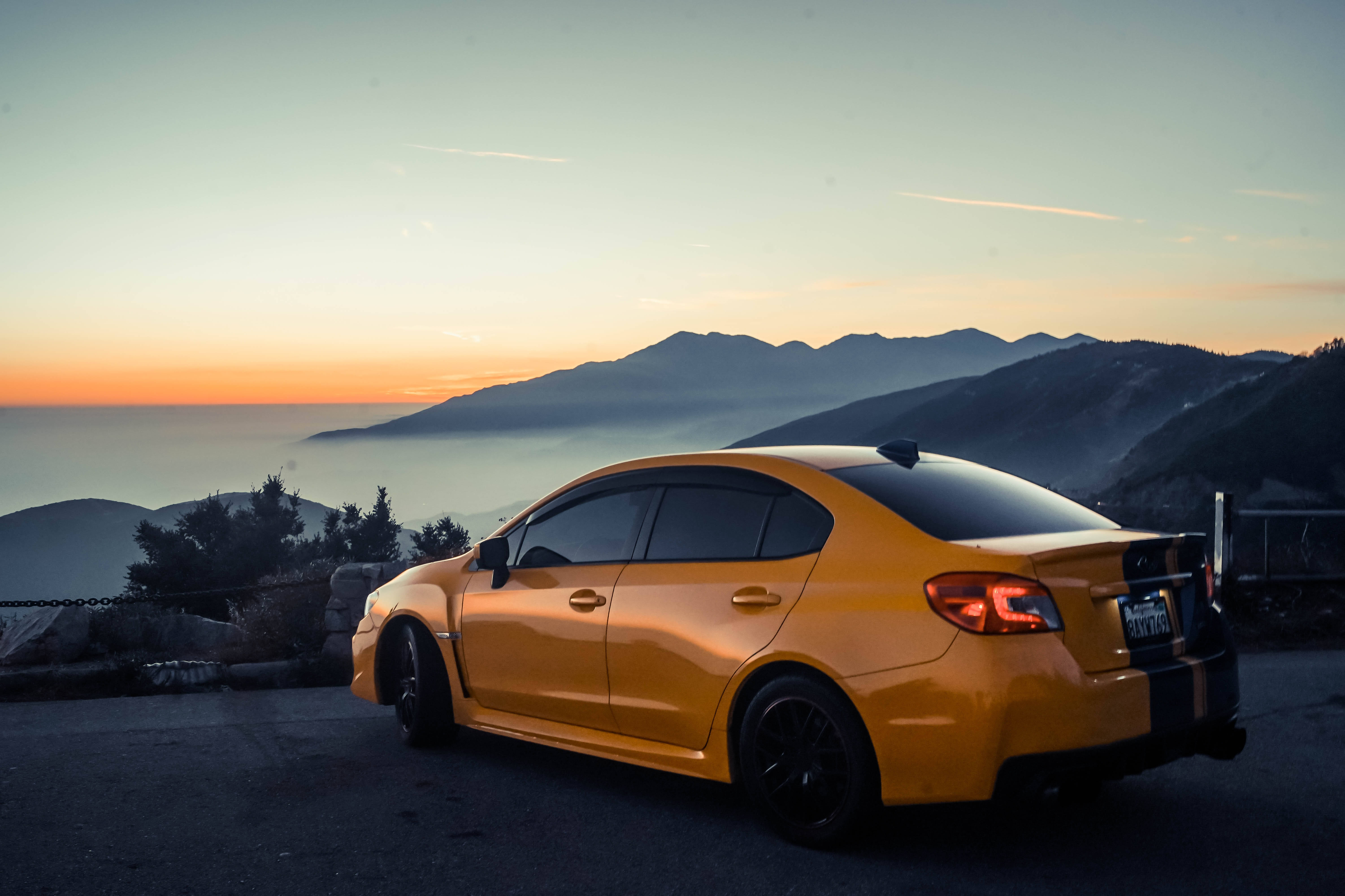 Subaru WRX STI, orange sunset, mountain overlook, 5K Desktop Wallpaper
