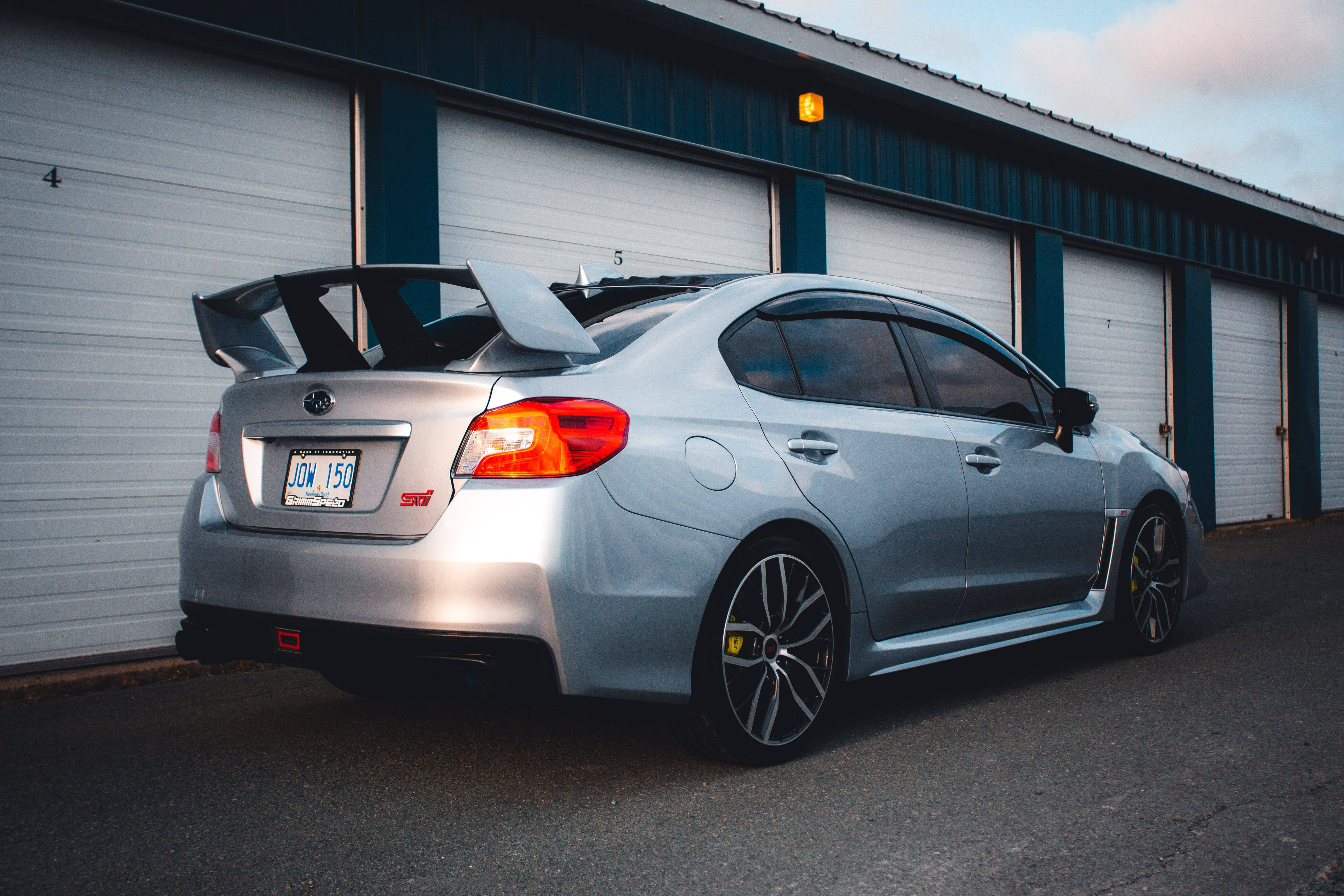 Subaru WRX STI, silver, large rear wing, 5K Desktop Wallpaper