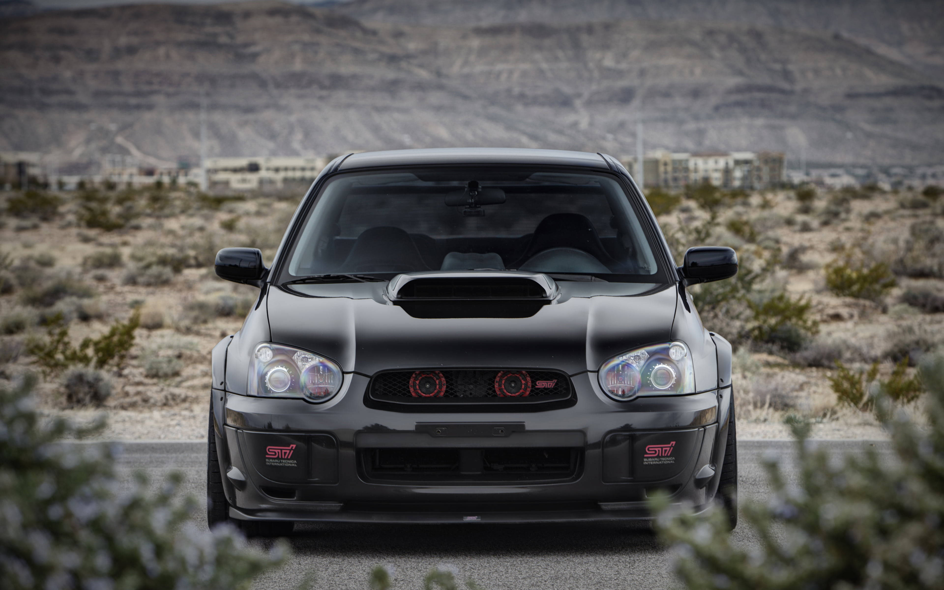 Subaru WRX STI, matte black, red accents, 4K Desktop Wallpaper
