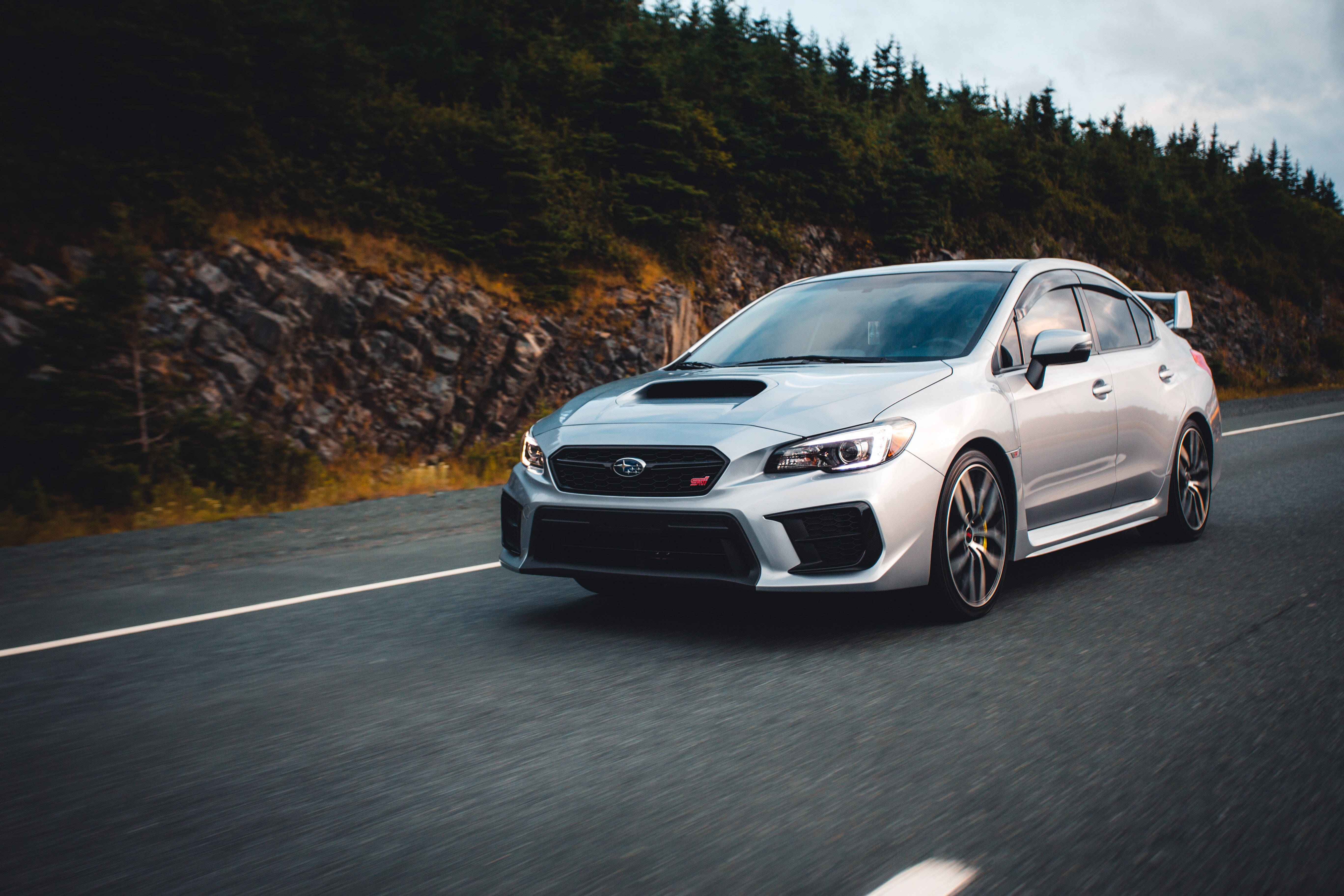 Subaru WRX STI, silver, winding mountain road, 5K Desktop Wallpaper