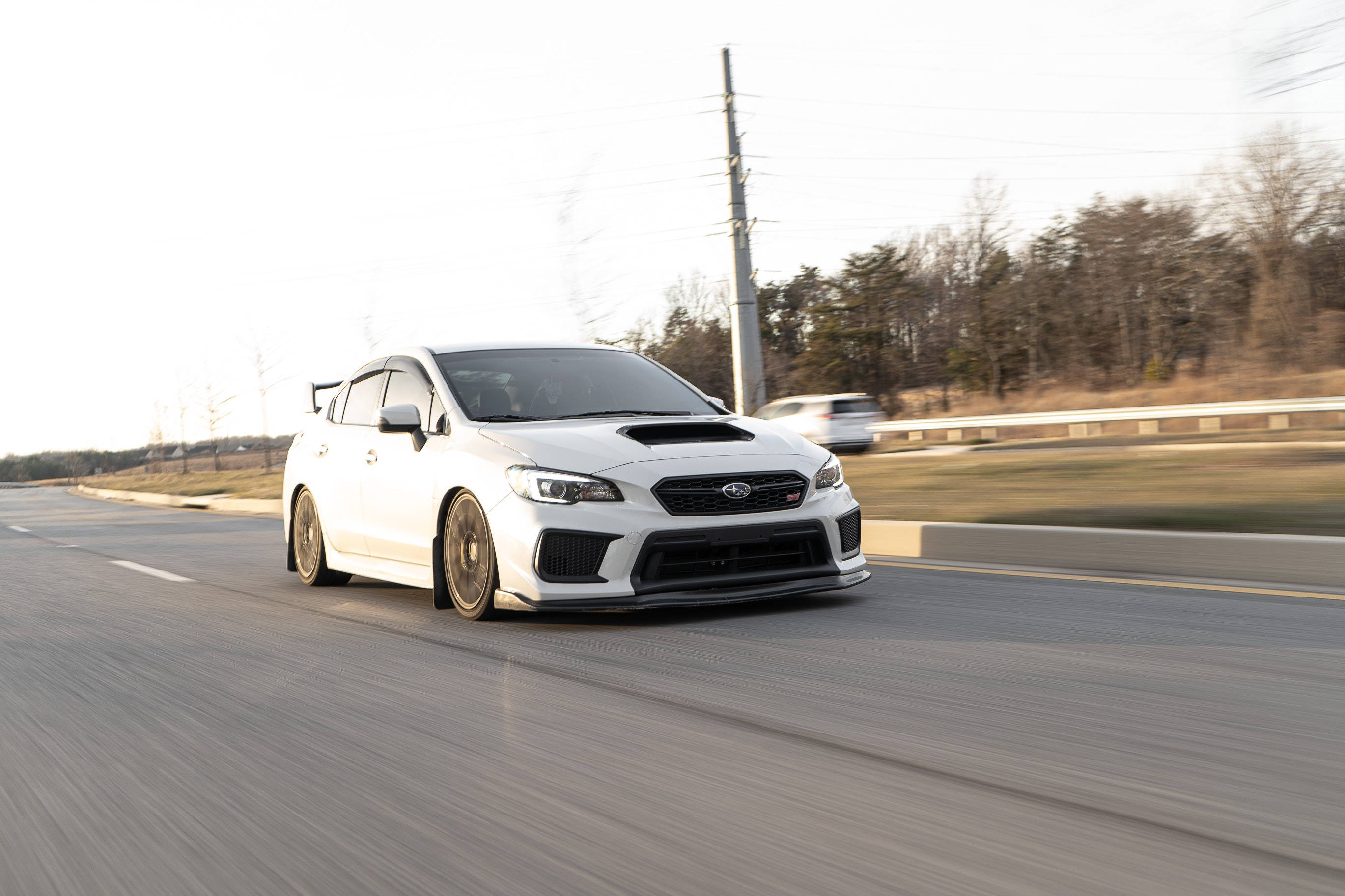 Subaru WRX STI, white, rural highway, 2K Desktop Wallpaper