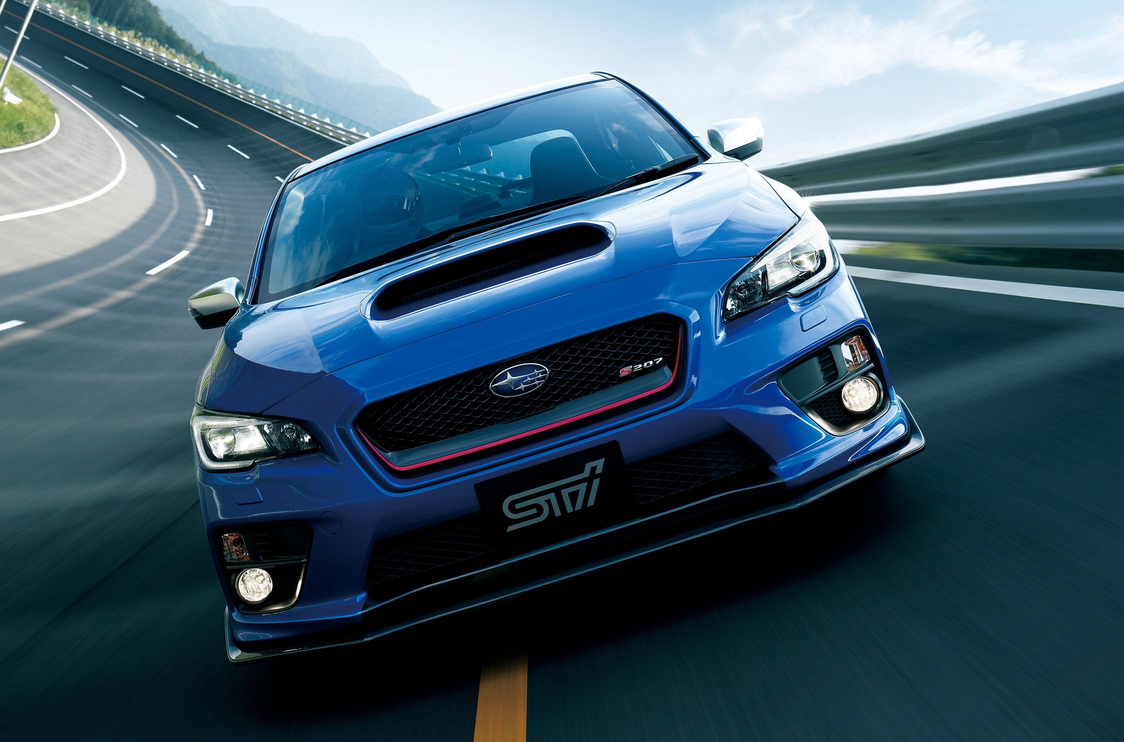 Subaru WRX STI, mountain highway, bright sky, 4K Desktop Wallpaper