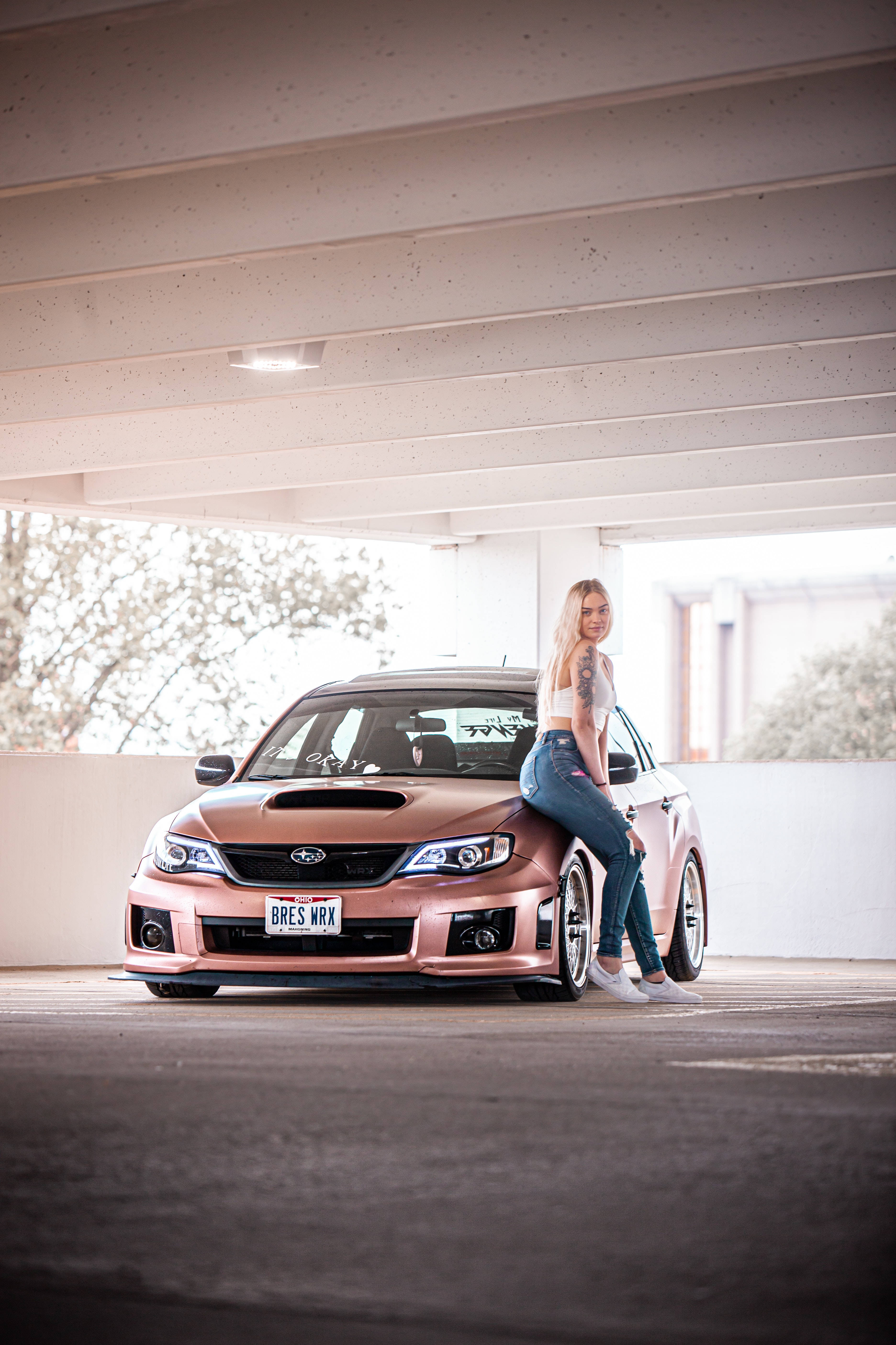 rose gold, Subaru WRX STI, concrete overpass, 5K Phone Wallpaper