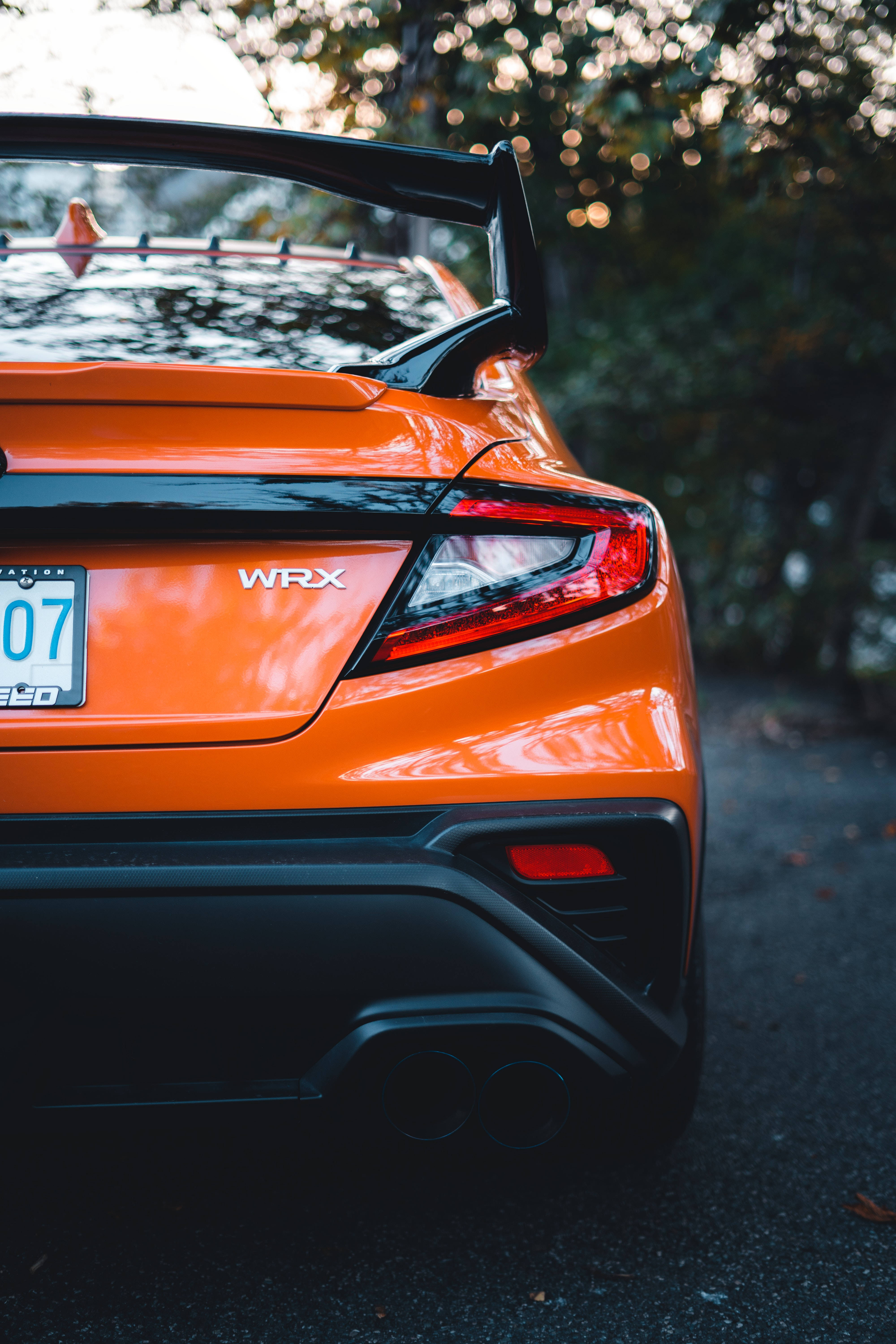 Subaru WRX STI, orange, black spoiler, 5K Phone Wallpaper