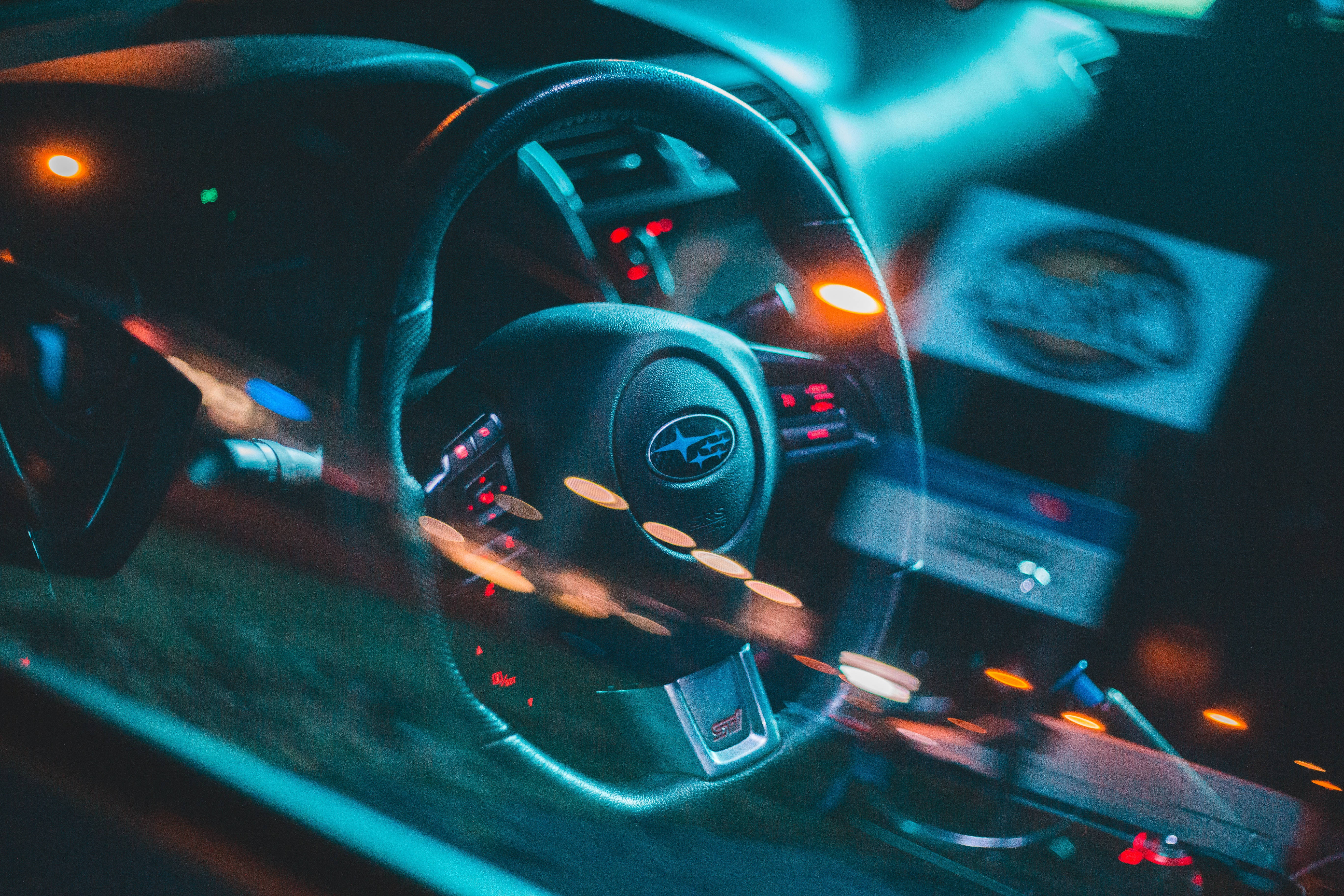 Subaru WRX STI, neon blue, orange lights, 5K Desktop Wallpaper