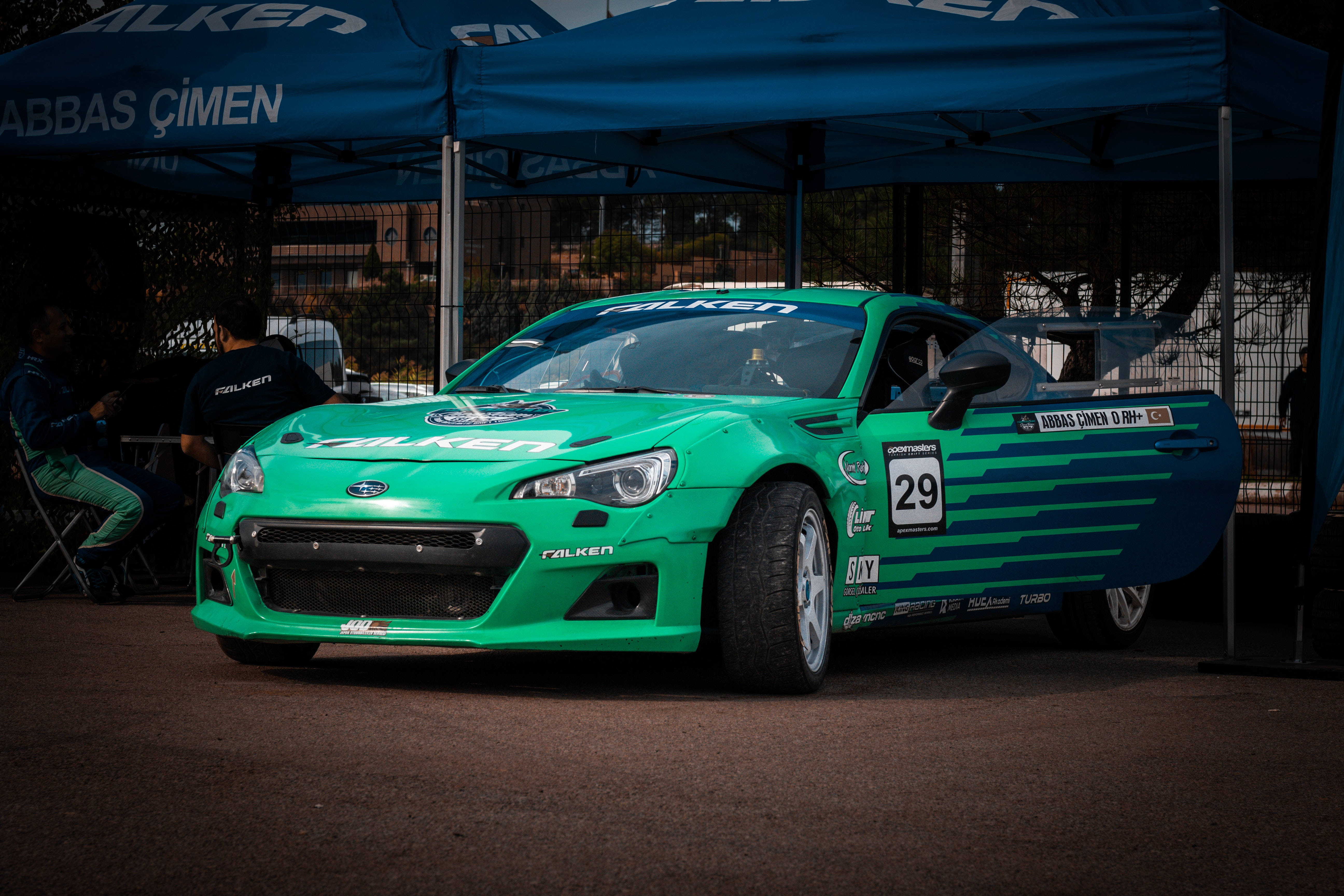 Bright Green Subaru WRX STI, number 29, blue canopy, 5K Desktop Wallpaper