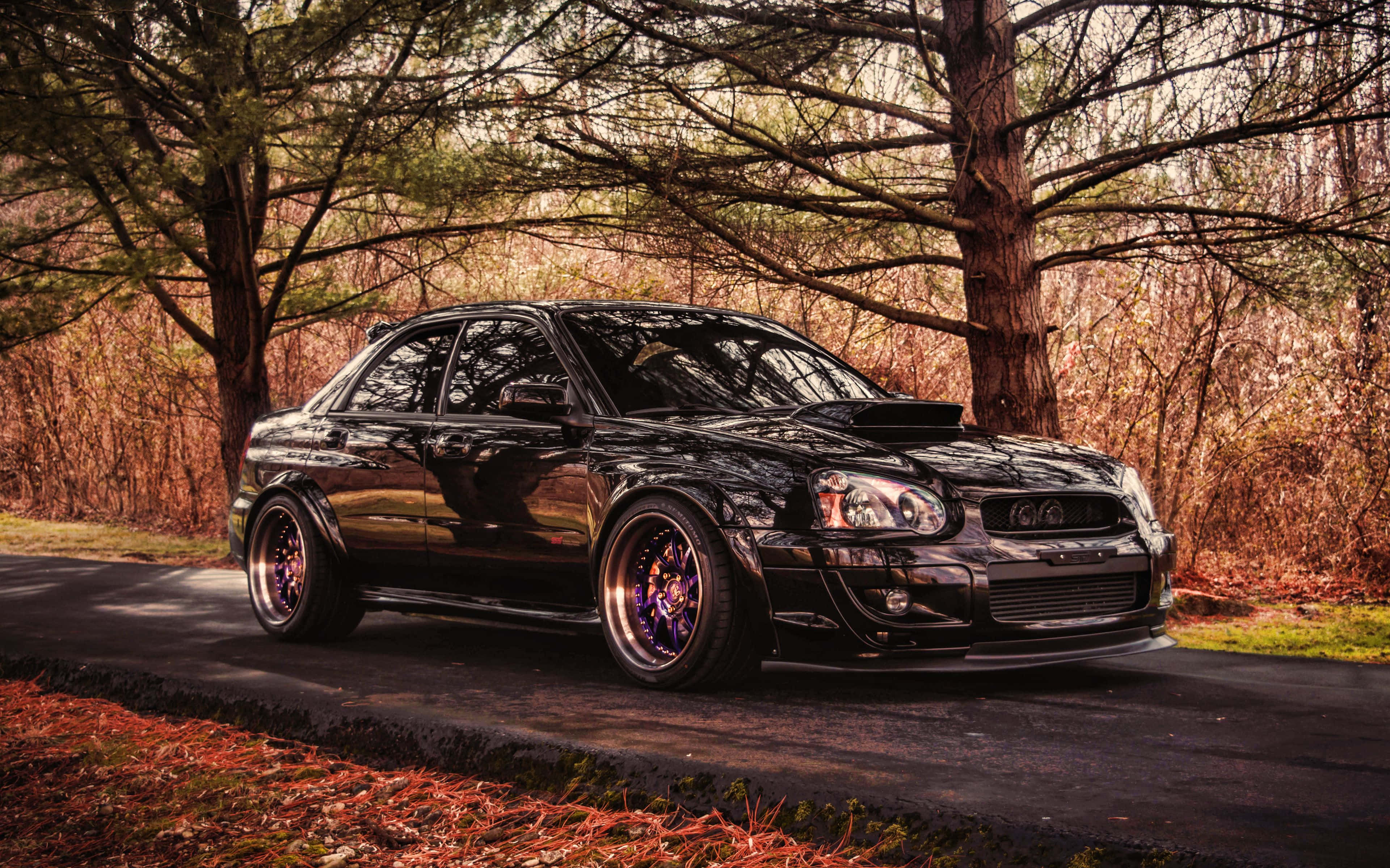 Subaru WRX, glossy black, purple wheels, 4K Desktop Wallpaper
