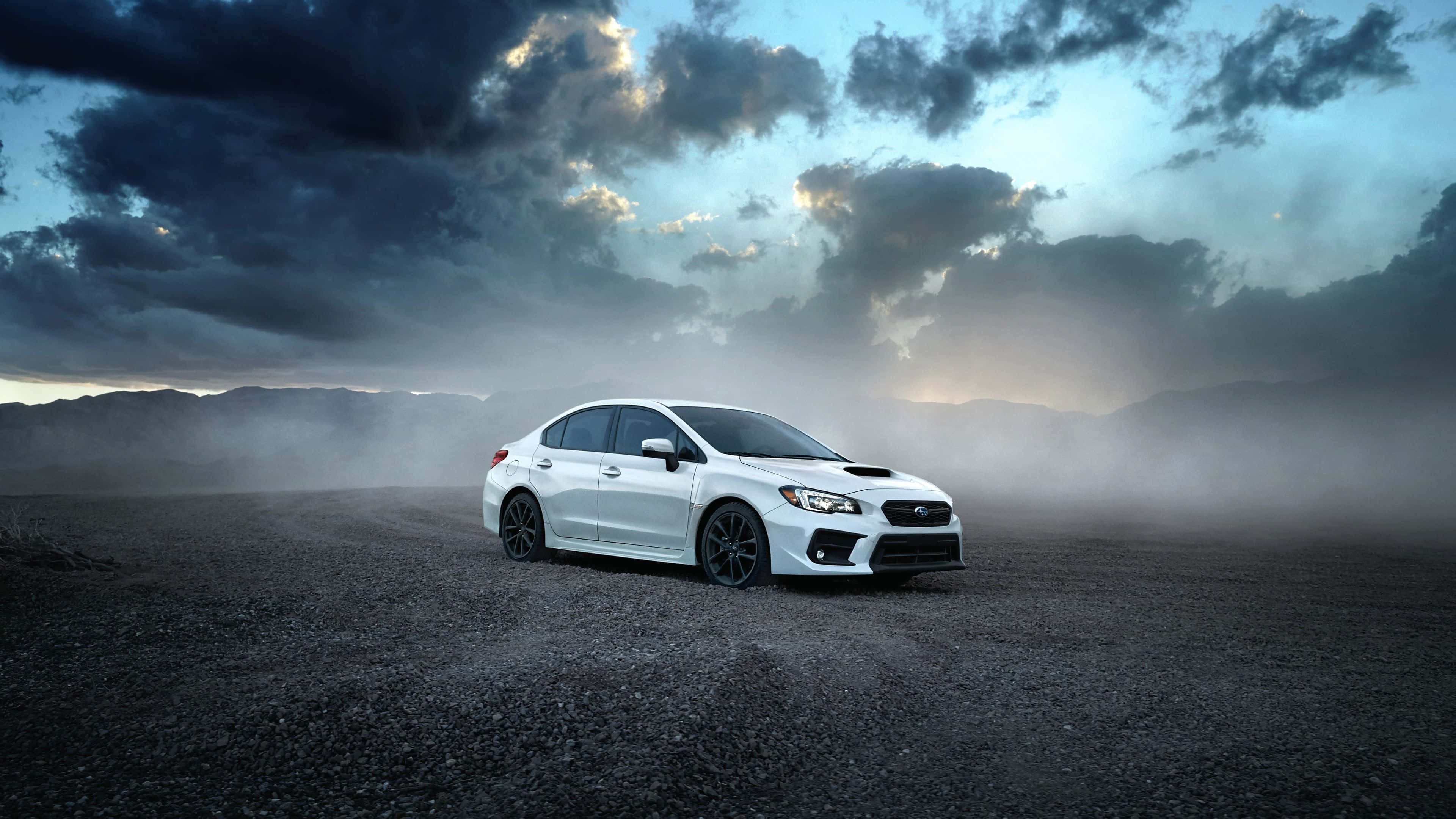 Subaru WRX, white sports car, misty gravel plain, 4K Desktop Wallpaper
