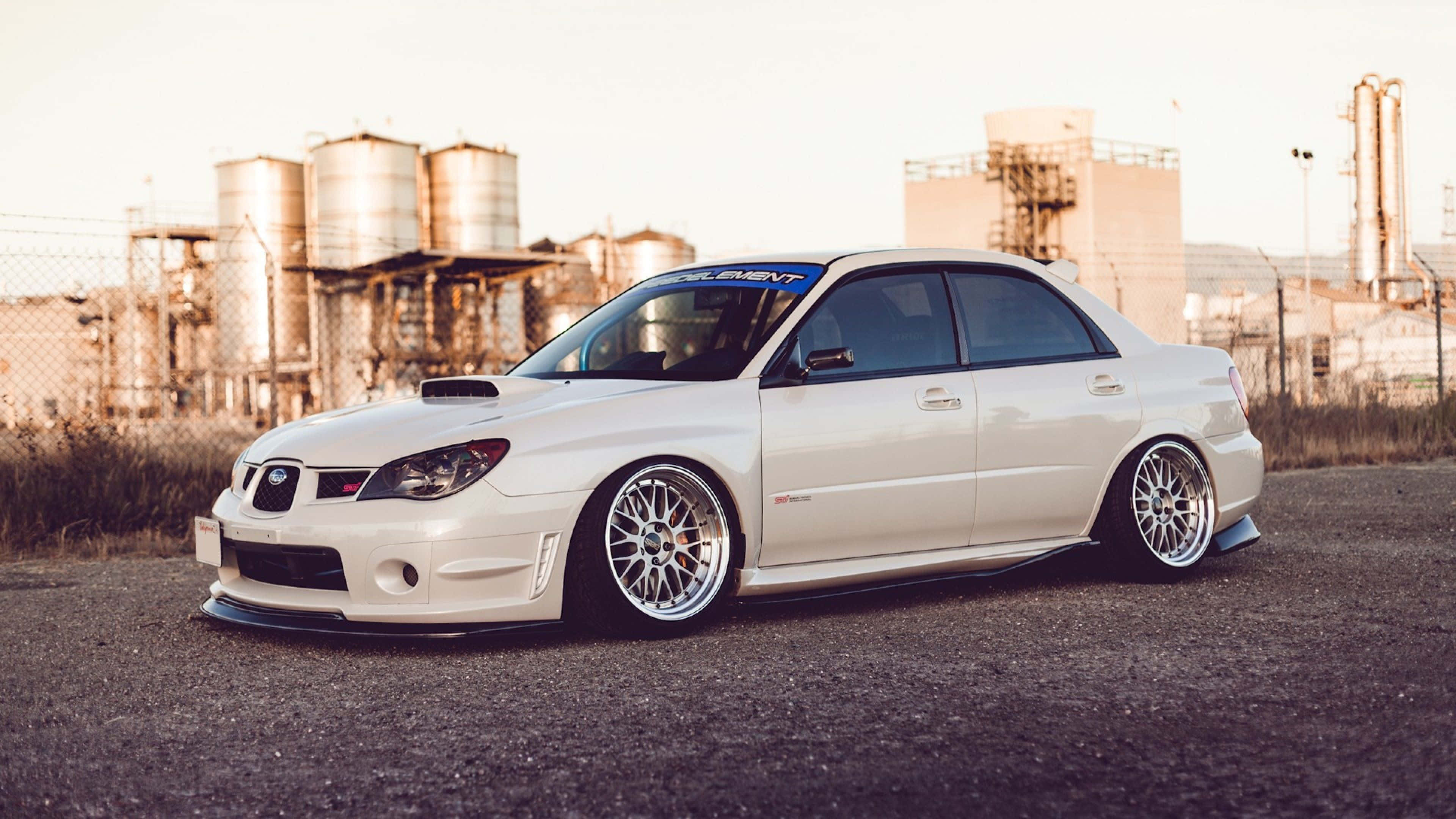 Subaru WRX, white modified Subaru sedan, custom wheels, 4K Desktop Wallpaper