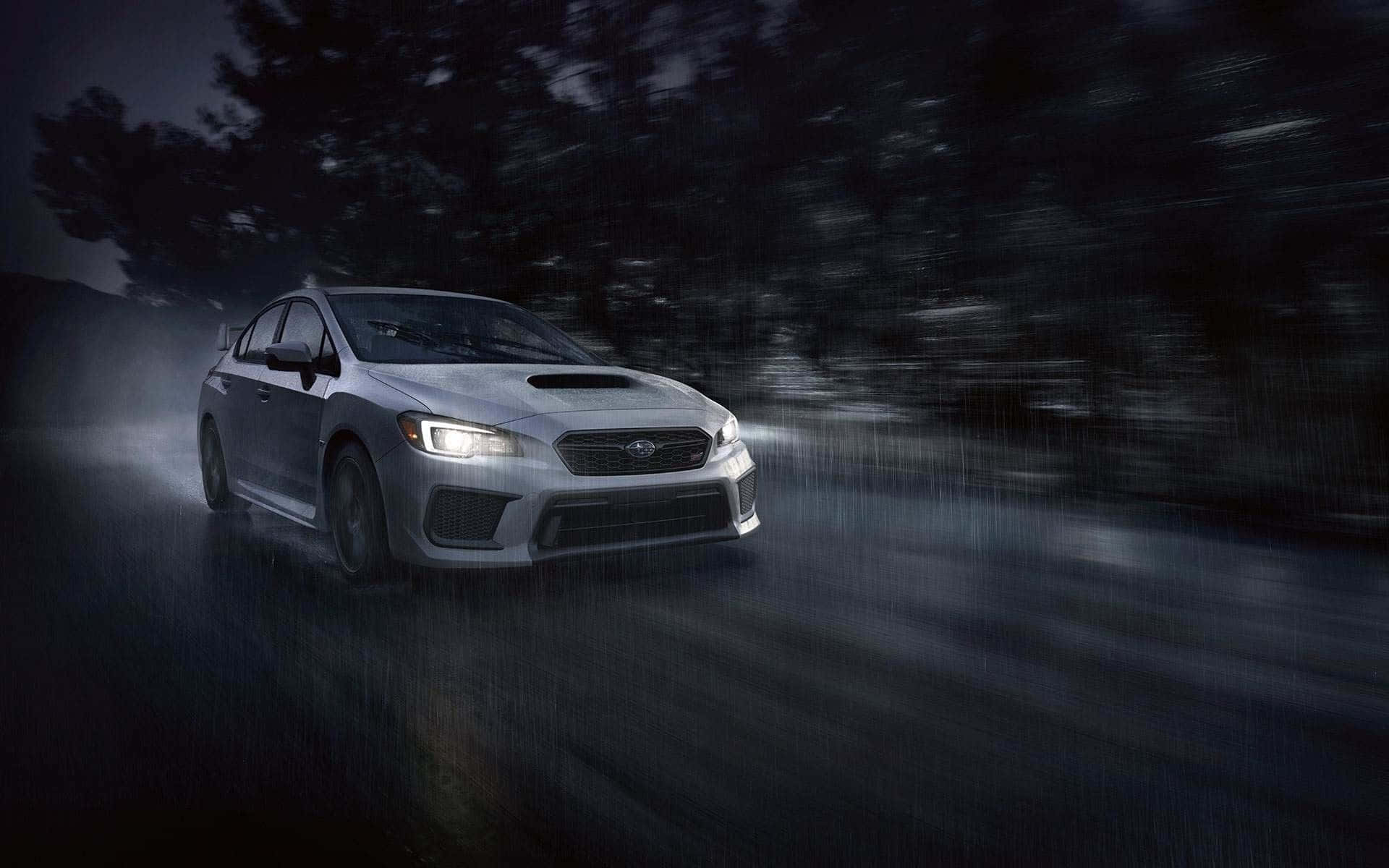 Subaru WRX, silver, rain-soaked forest, Full HD Desktop Wallpaper