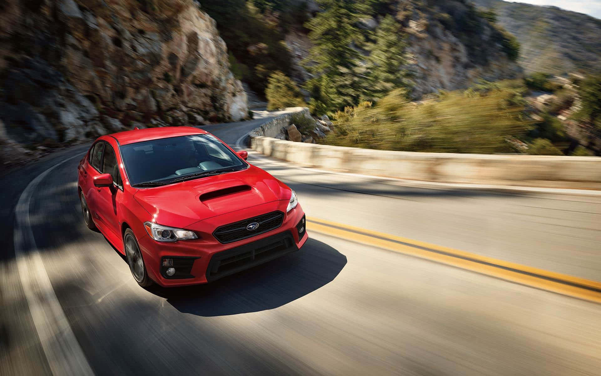 Subaru WRX, vibrant red, winding mountain road, Full HD Desktop Wallpaper