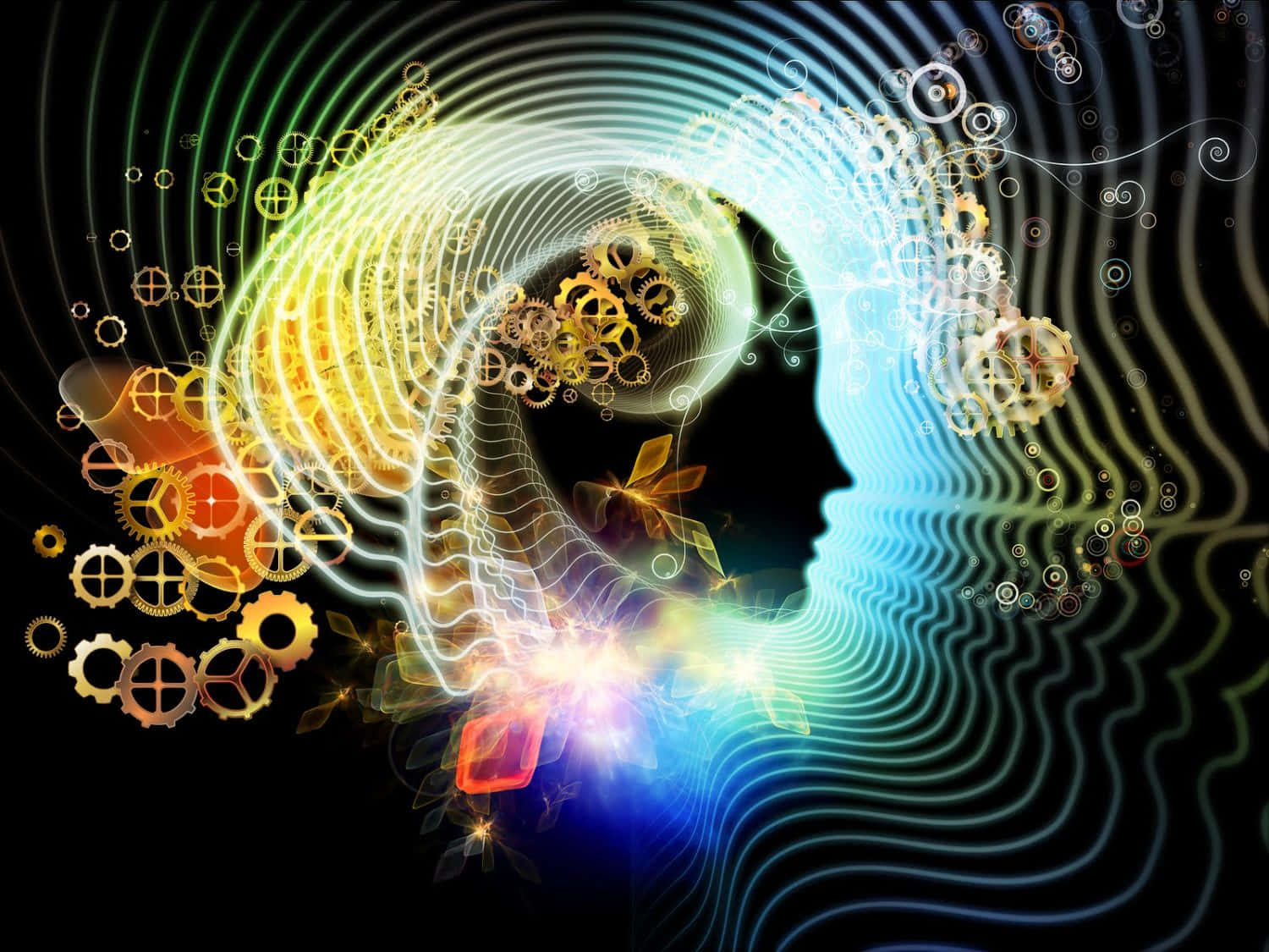 Subliminal, human silhouette head, colorful gears, HD Desktop Wallpaper
