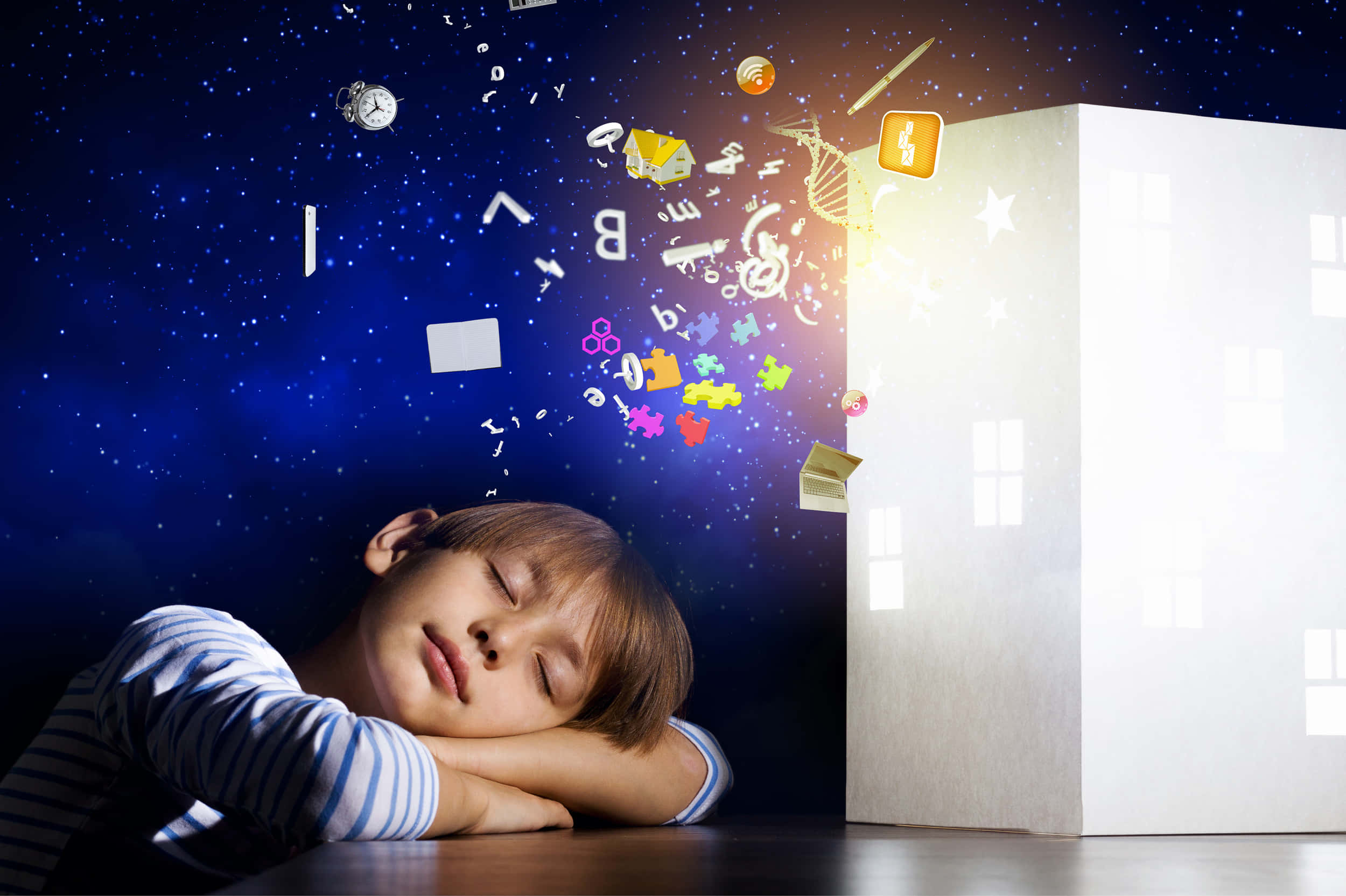 Subliminal State Of Dreaming, glowing white house, colorful symbols and letters, Full HD Desktop Wallpaper