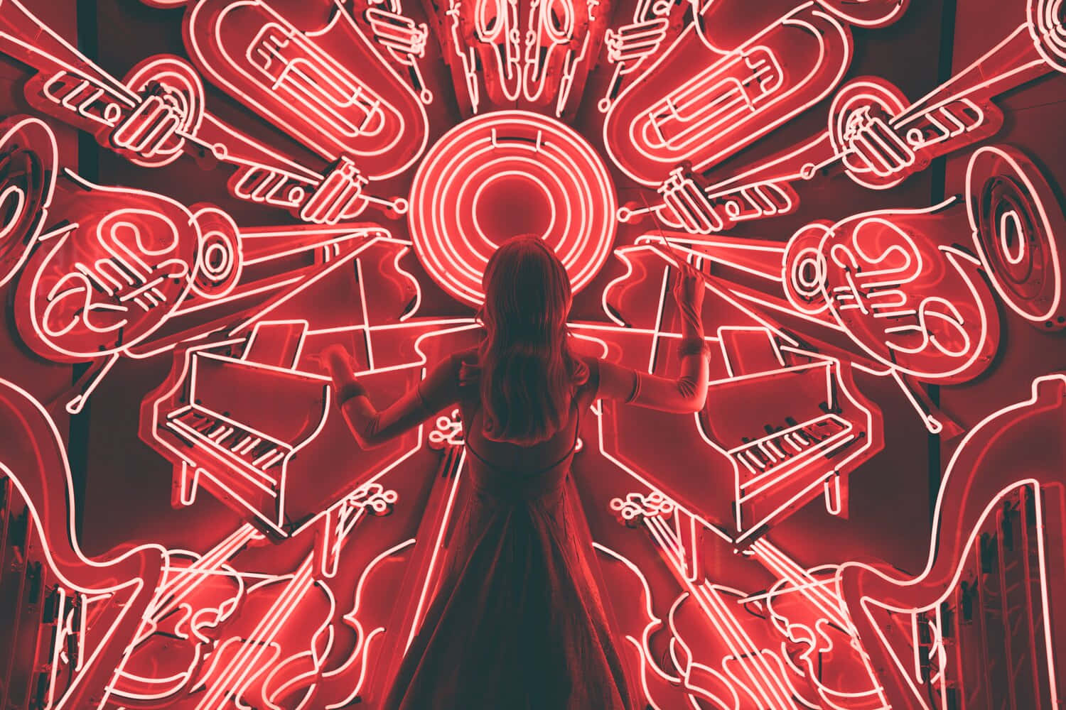 Subliminal Musical Art, glowing red neon outlines, musical instruments, HD Desktop Wallpaper