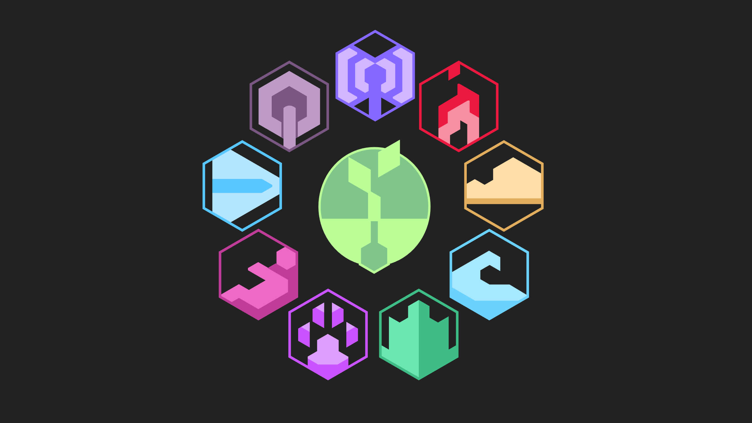 Subordinate Elemental Logo, green circular icon, eight colorful hexagonal icons, 2K Desktop Wallpaper