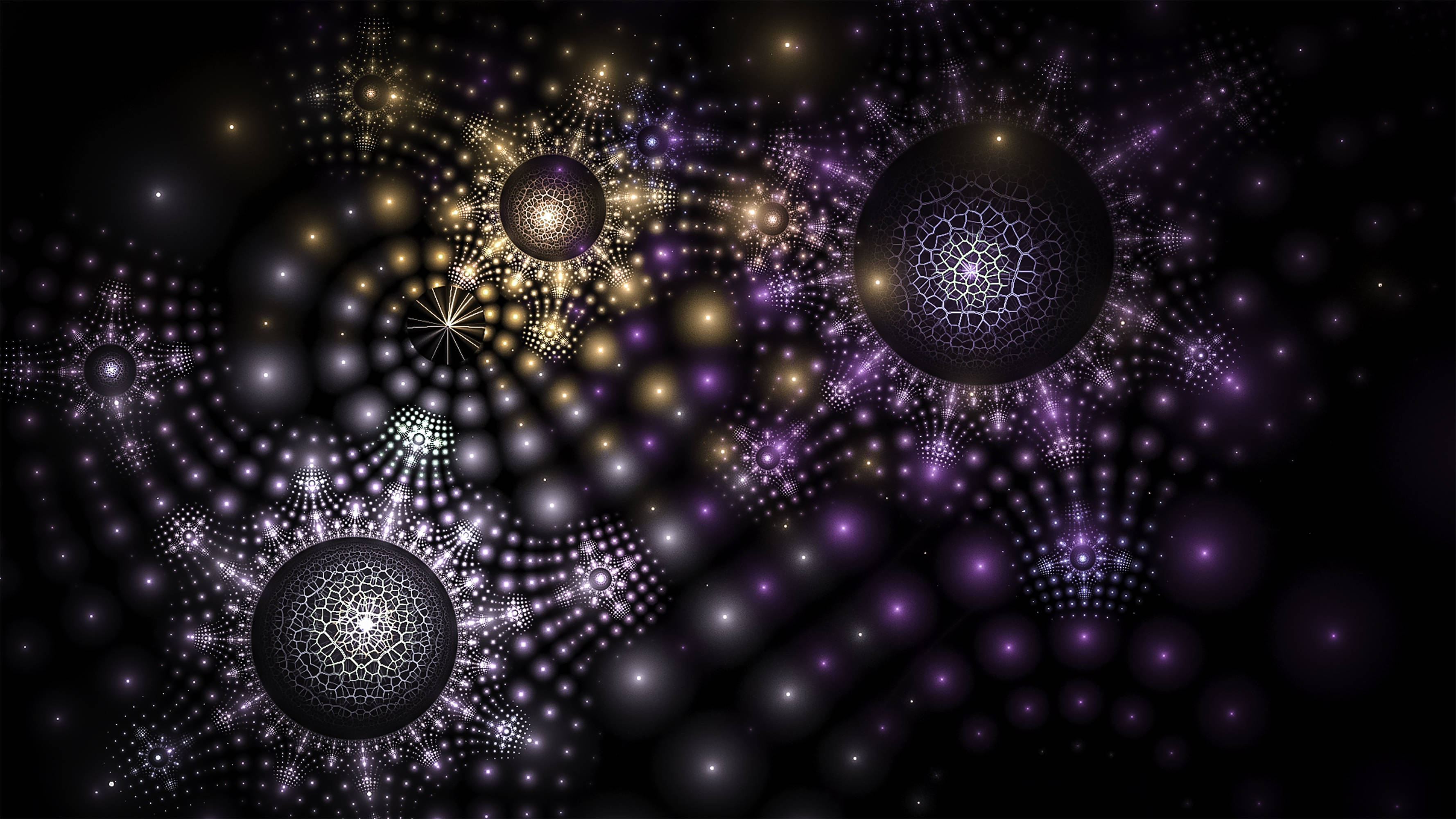 Sub Atomic Explosive Fractal Design, glowing purple and gold spheres, intricate geometric patterns, 2K Desktop Wallpaper