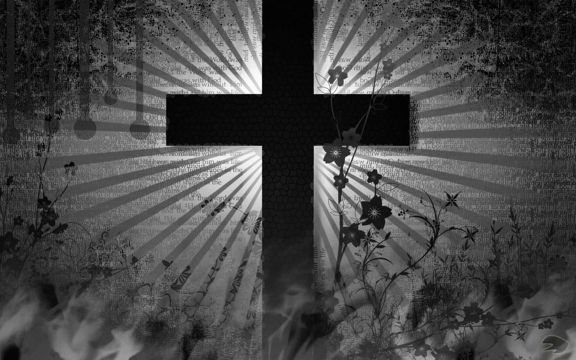 Subliminal Symbol, monochrome cross, floral silhouettes, Full HD Desktop Wallpaper
