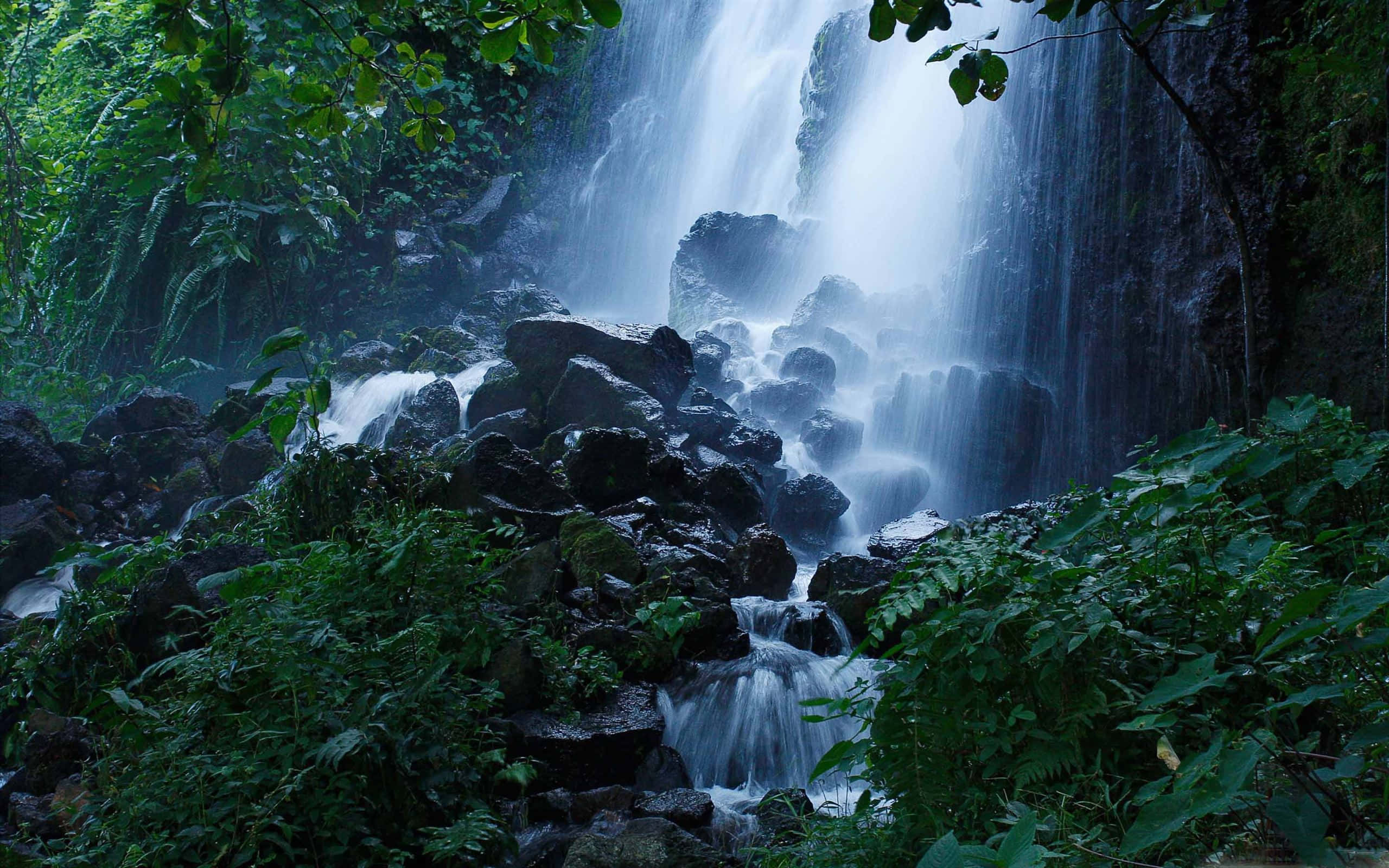 Subliminal, waterfall, dark rocks, 2K Desktop Wallpaper